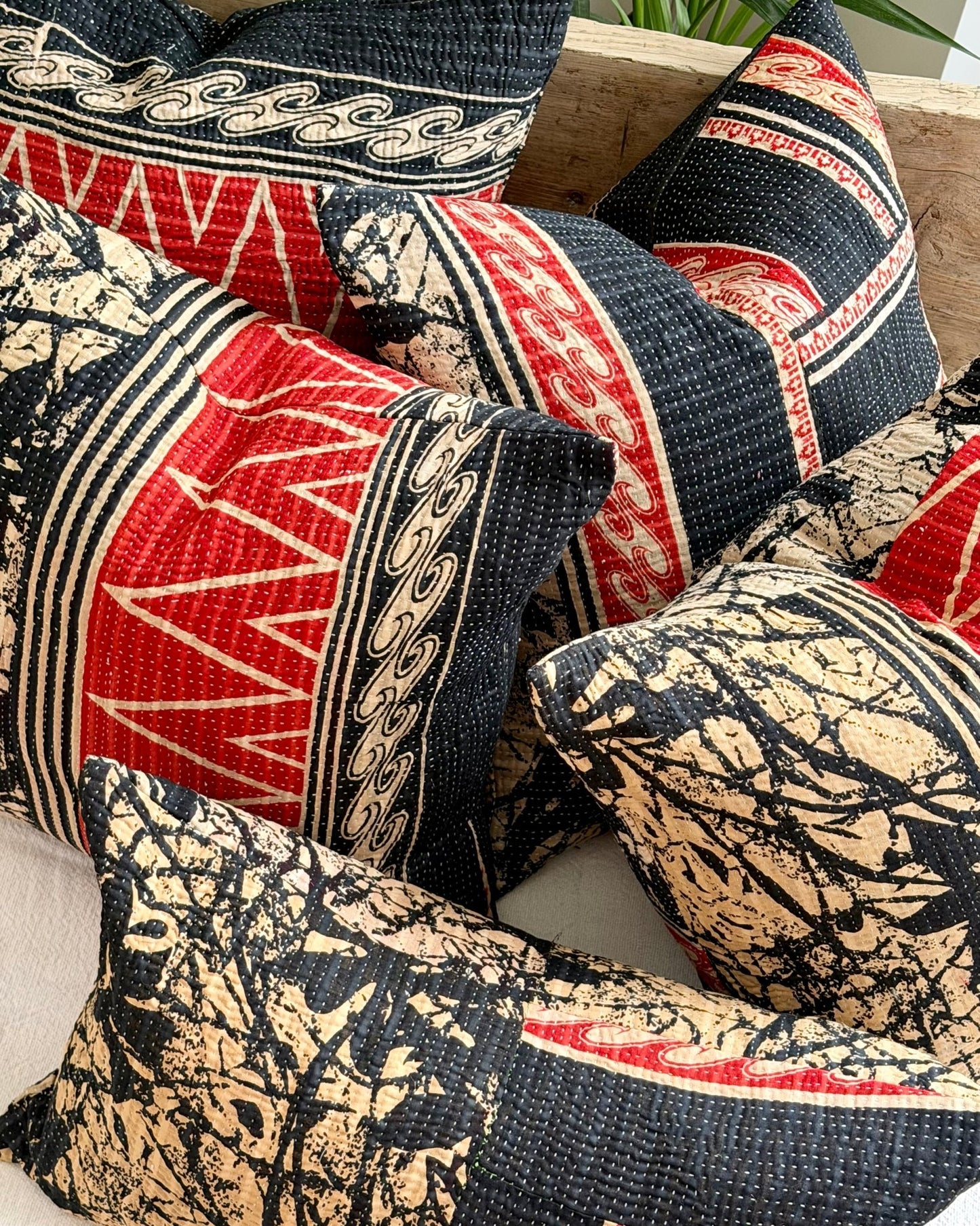 Vintage Kantha Cushion Cover In Black and Red - Small Rectangular - Biggs & Hill