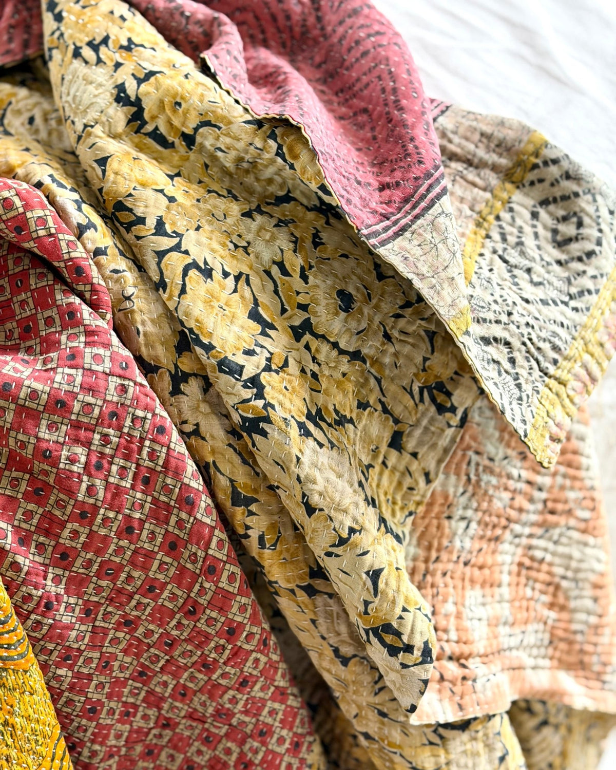 Fine Stitched Vintage Kantha Quilt in Peachy Pink and Mustard - Biggs & Hill