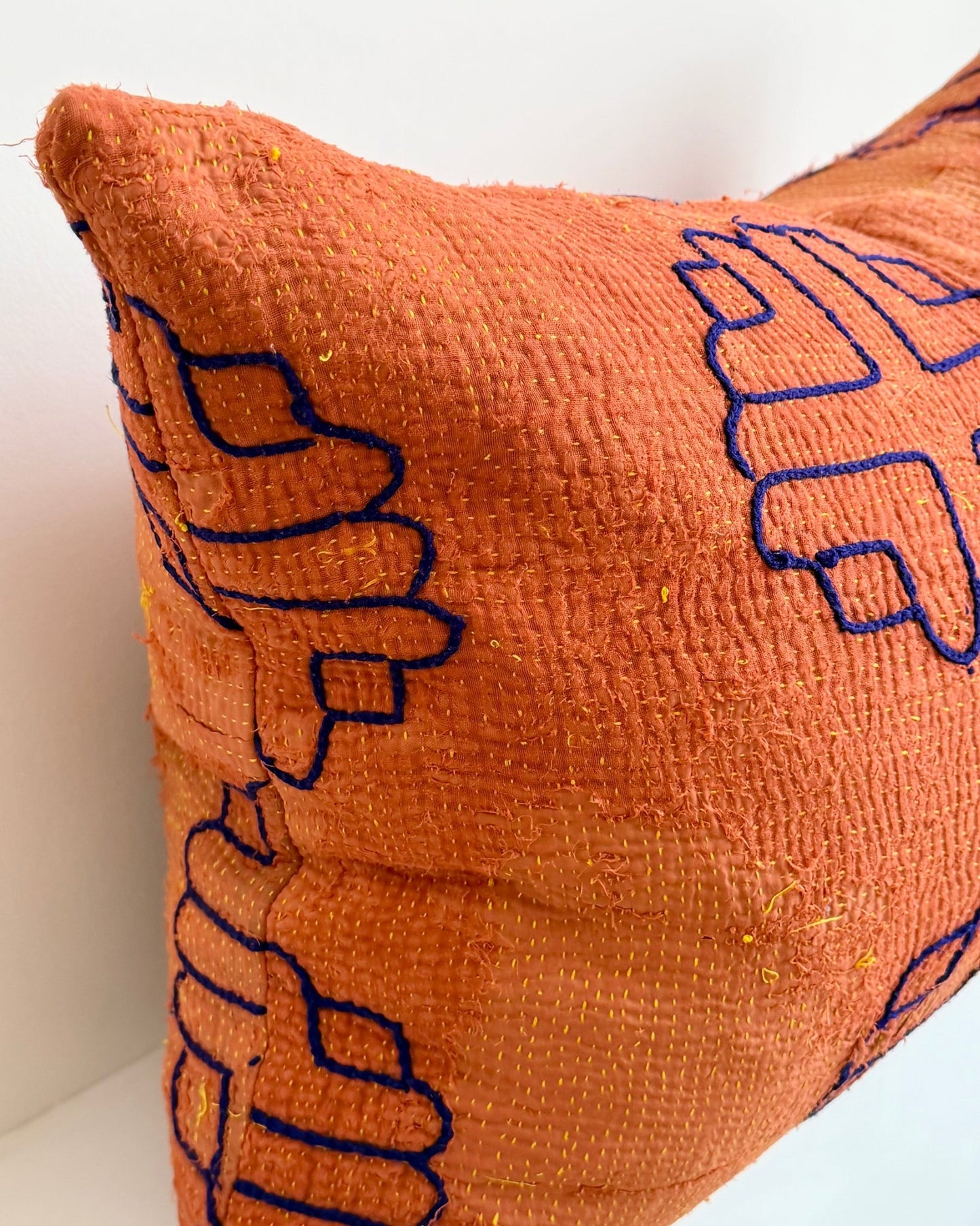 Vintage Kantha Cushion In Terracotta 03 - Large Rectangular - Biggs & Hill