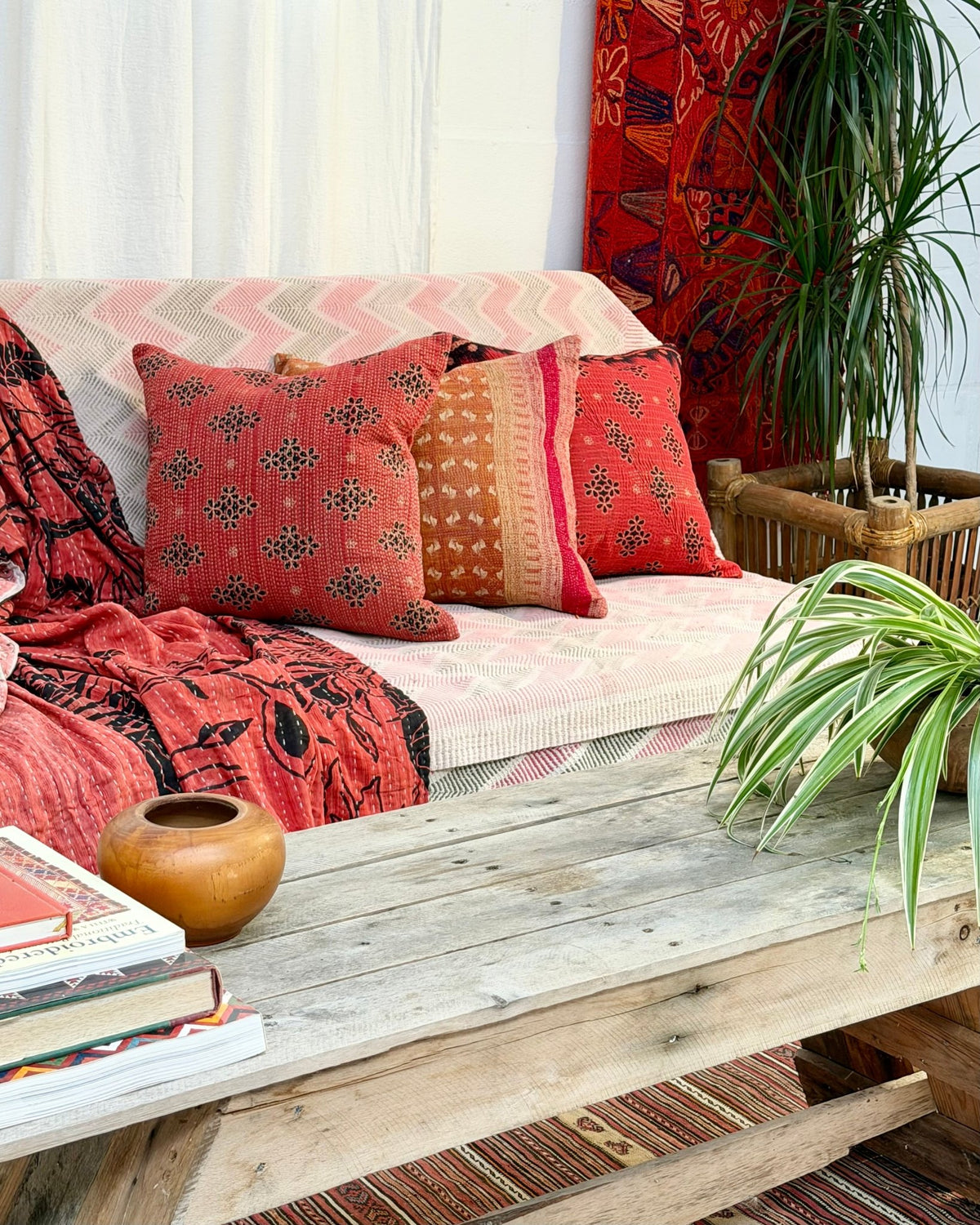 Handmade Reversible Vintage Kantha Cushion Cover In Red and Black - 45cm (18") - Biggs & Hill