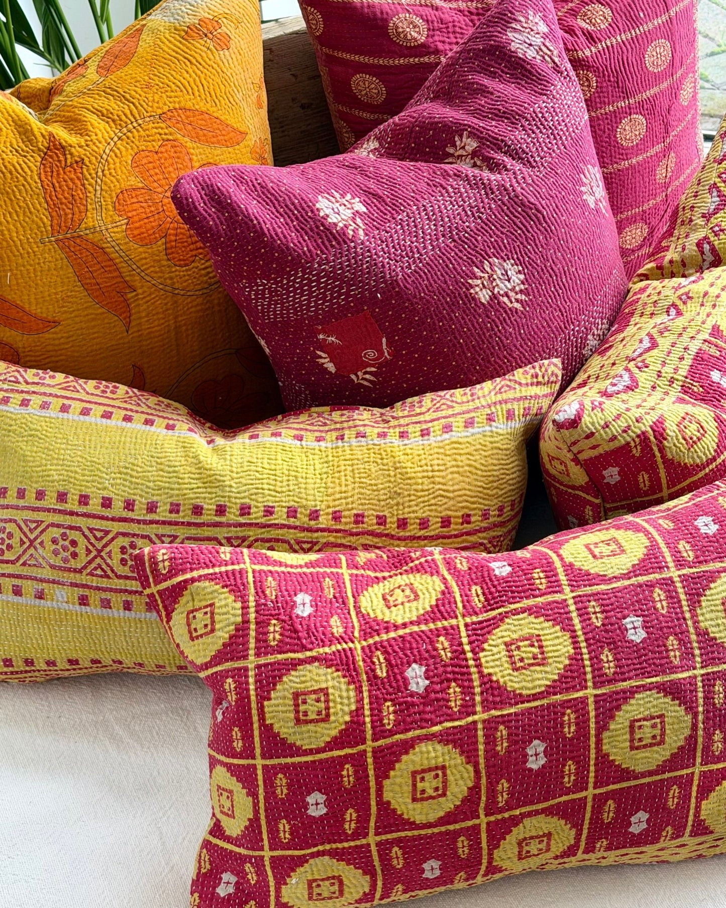 Vintage Kantha Cushion Cover In Lime Green and Pink - Small Rectangular - Biggs & Hill