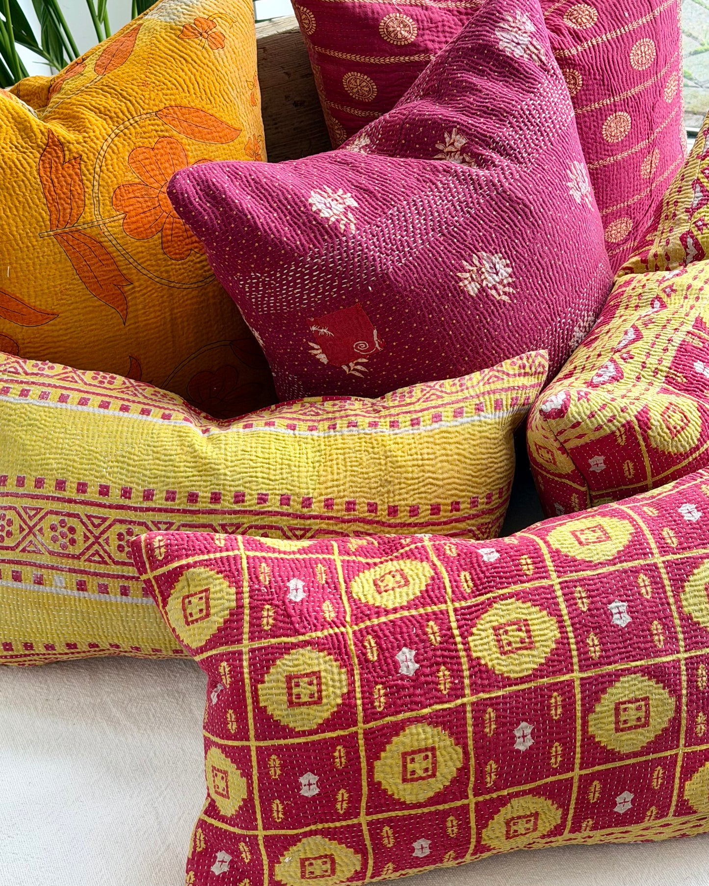 Vintage Kantha Cushion In Lime Green and Pink - Small Rectangular