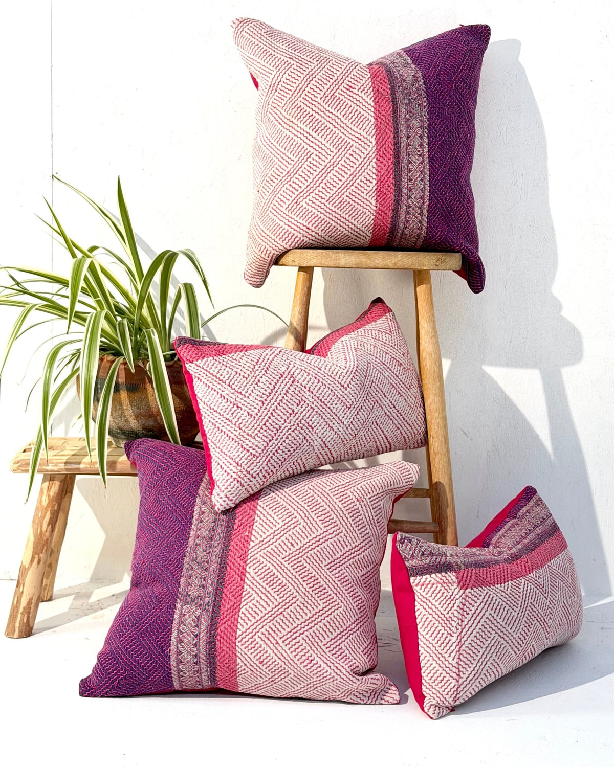Vintage Kantha Cushion Cover In Pink and Purple - Small Rectangular - Biggs & Hill