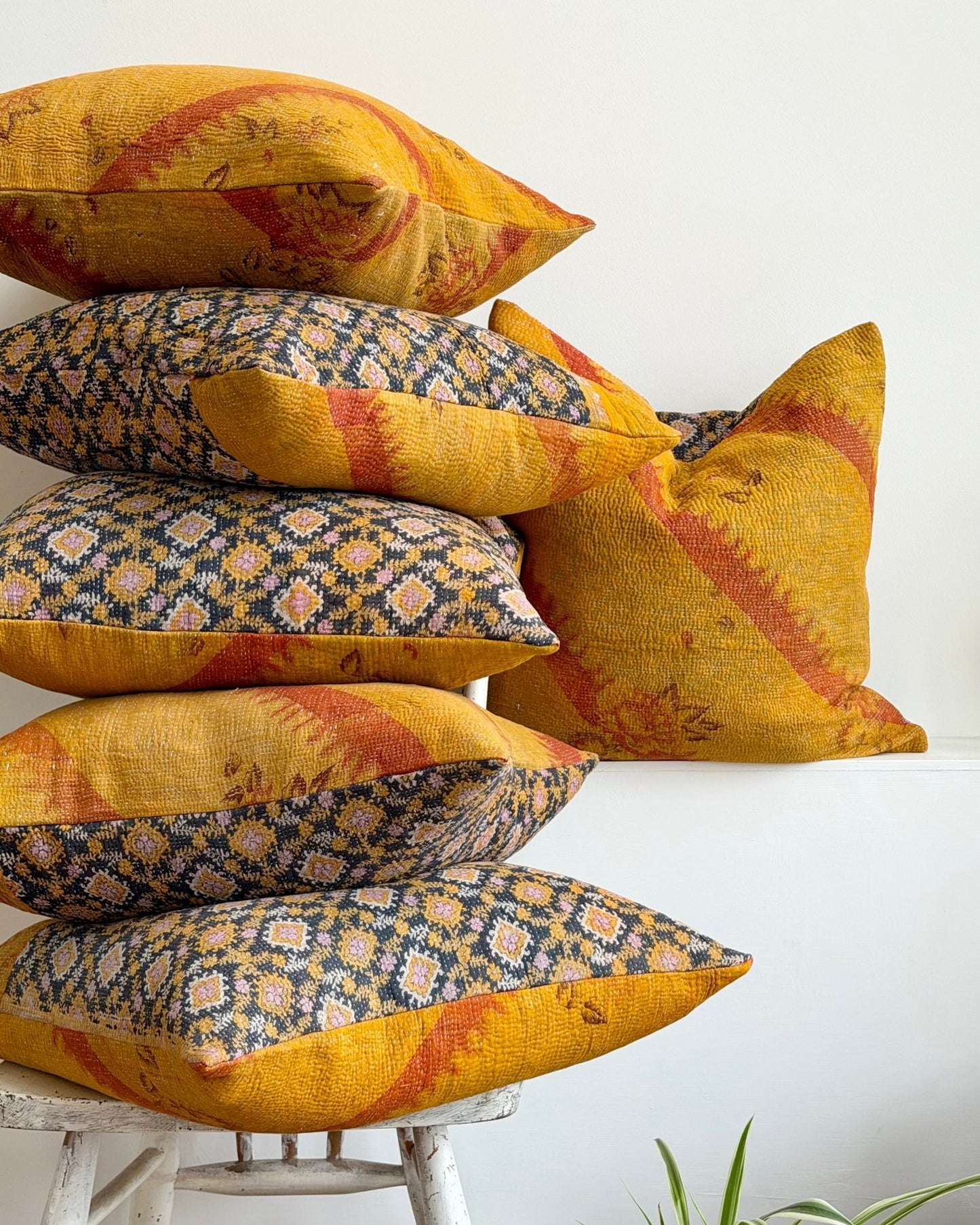Vintage Kantha Cushion Cover In Yellow and Blue - 45cm Square - Biggs & Hill