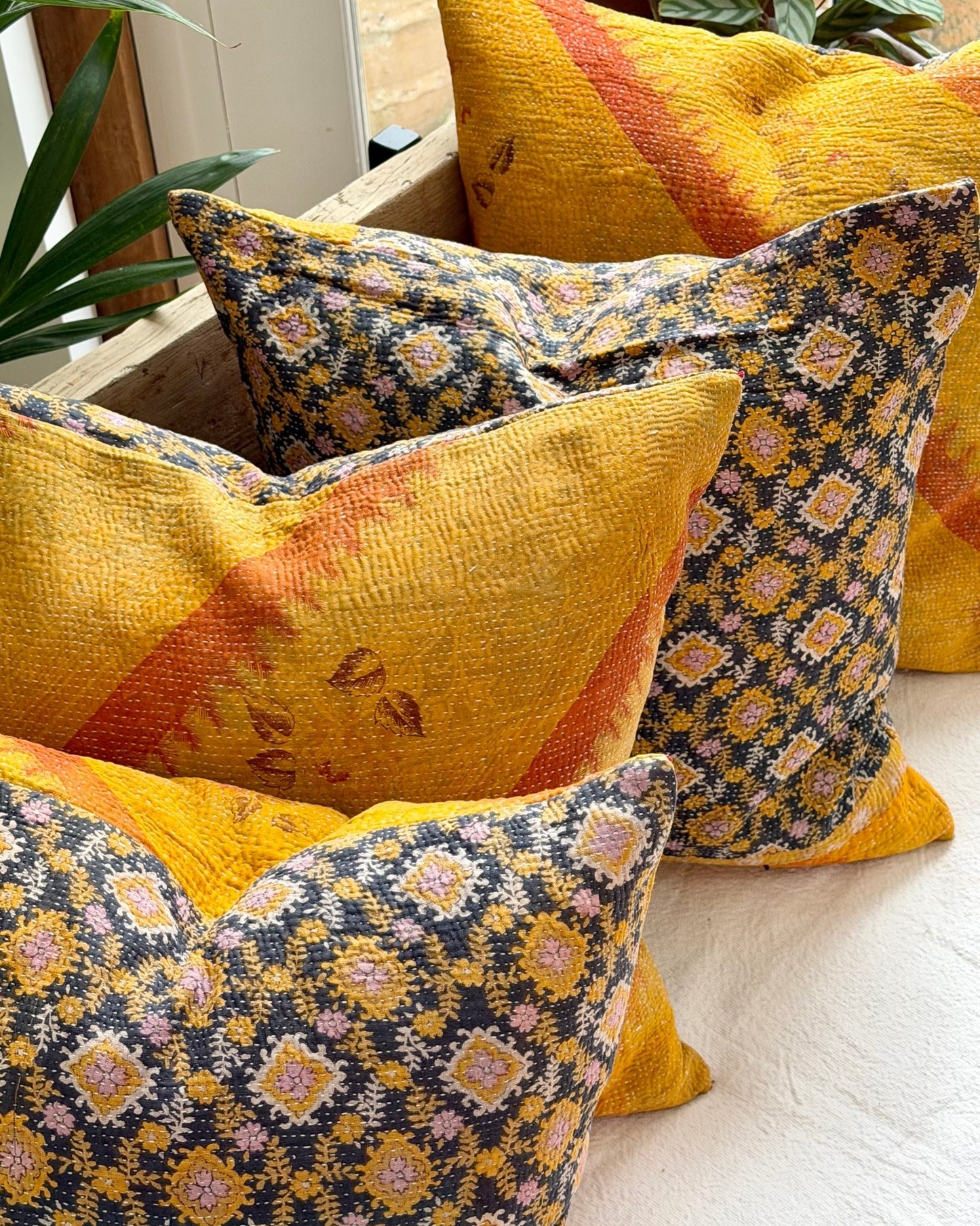 Vintage Kantha Cushion Cover In Yellow and Blue - 45cm Square - Biggs & Hill