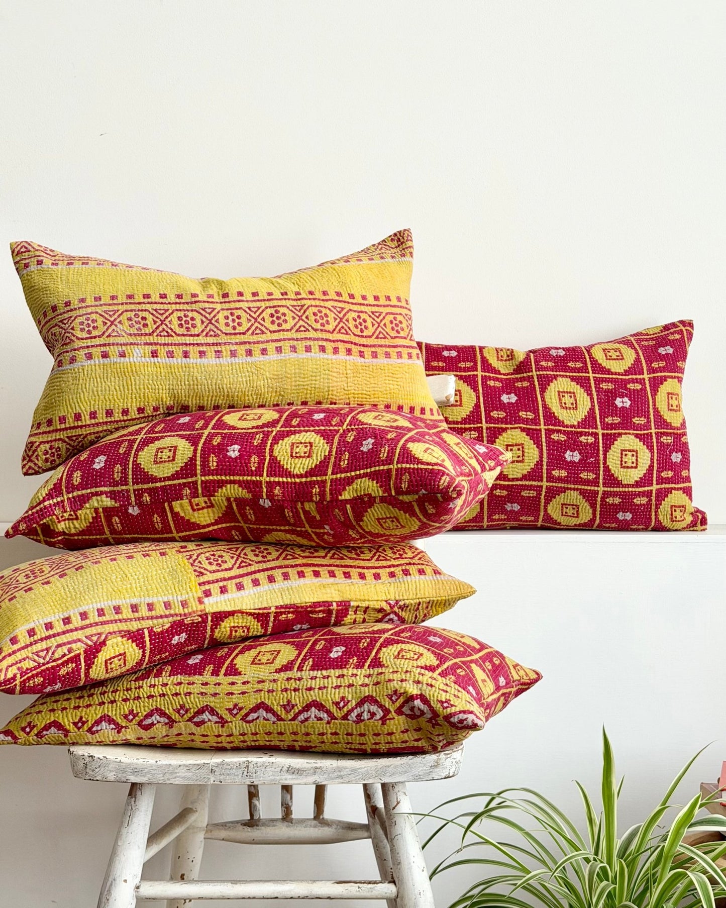Vintage Kantha Cushion Cover In Lime Green and Pink - Small Rectangular - Biggs & Hill