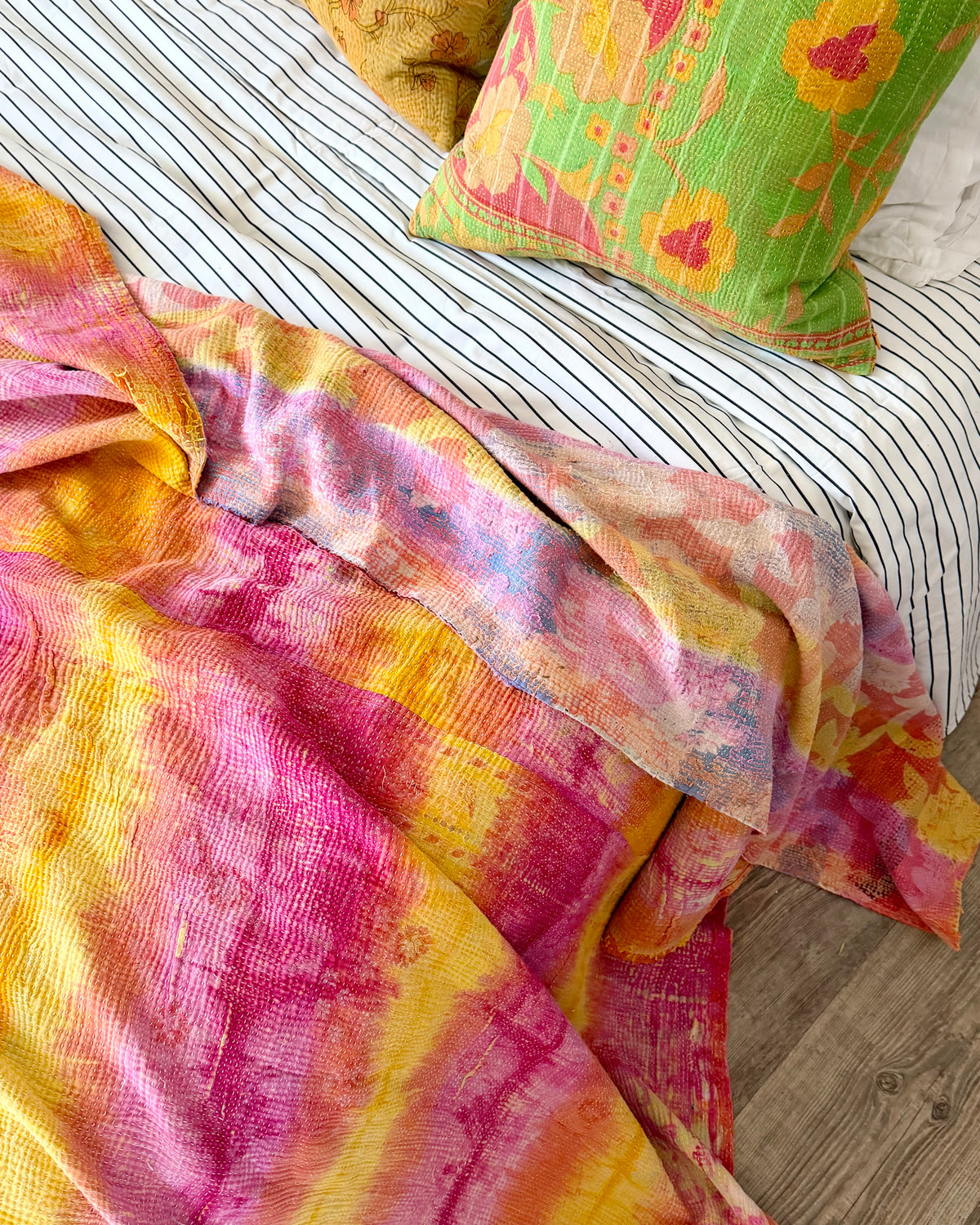 Large Fine Stitched Vintage Kantha Quilt in Pink and Yellow