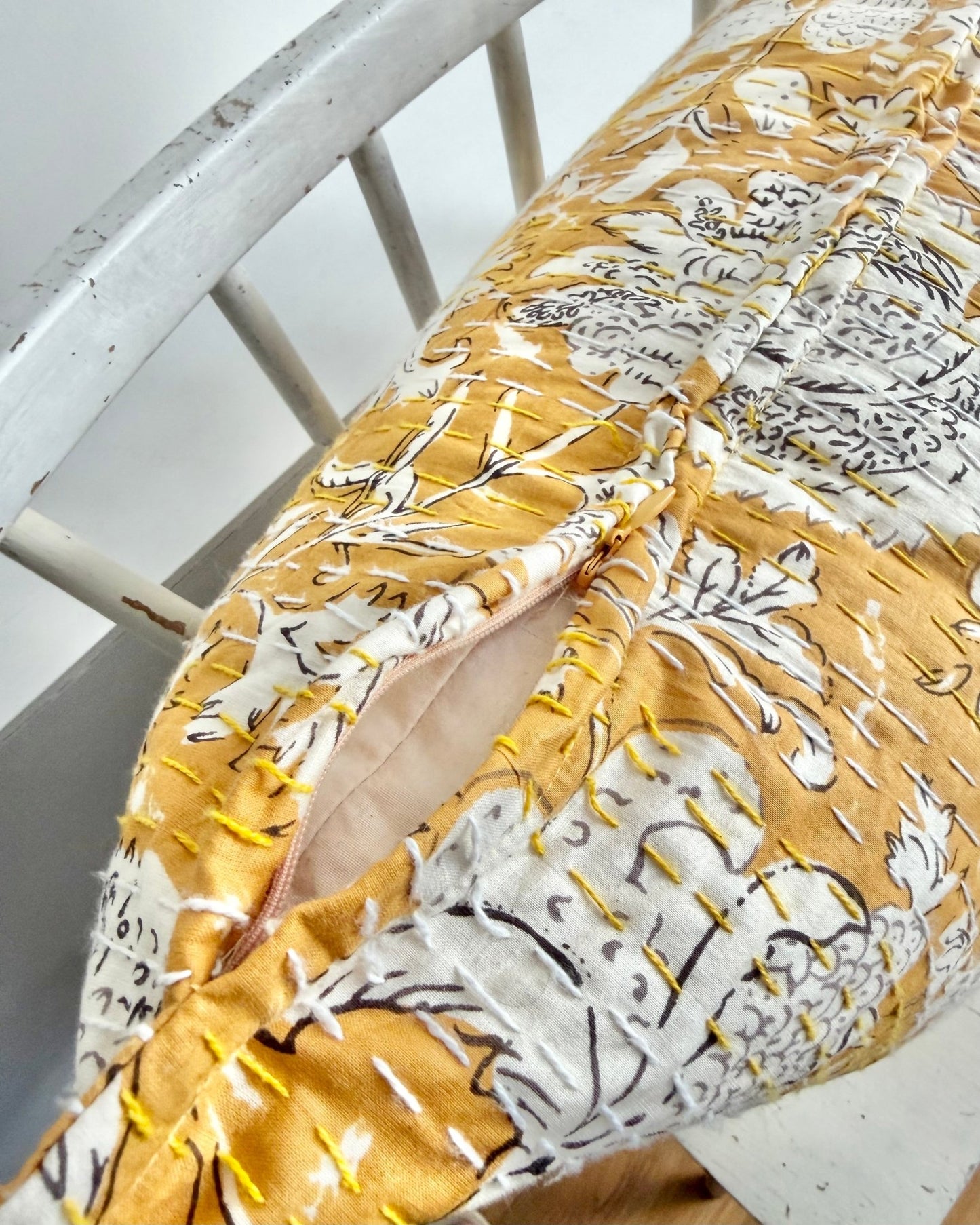 Mustard Yellow Floral Cushion, Block Printed and Hand Stitched Kantha Cotton - Biggs & Hill