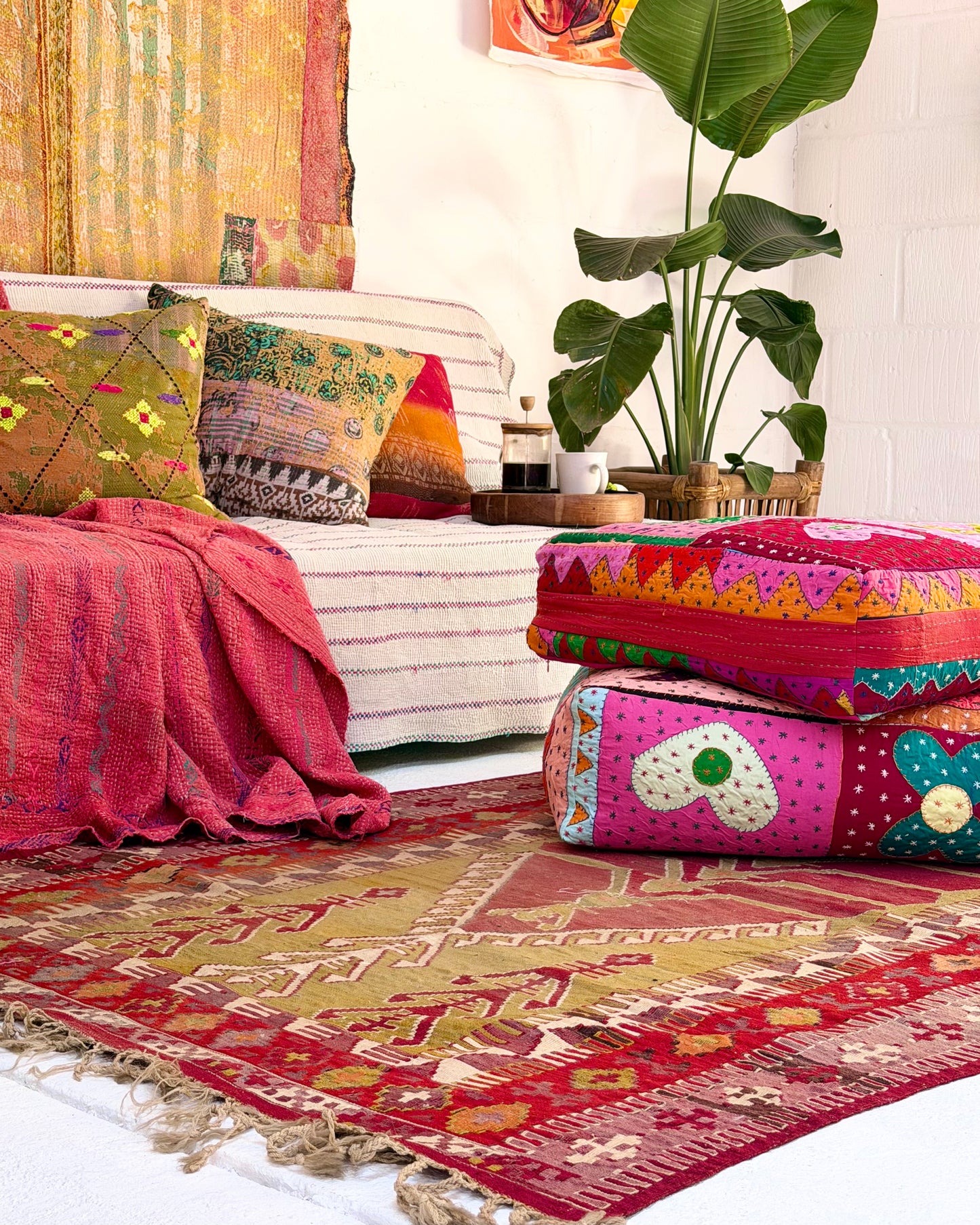 Vintage Kantha Cushion Cover In Textured Orange and Green - 50cm Square
