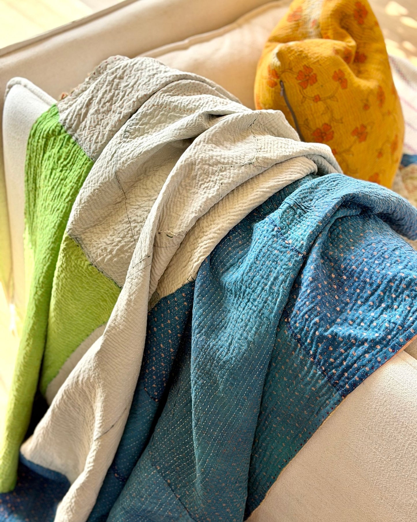 Fine Stitched Vintage Kantha Quilt in Patchwork Blue, White and Green - Biggs & Hill