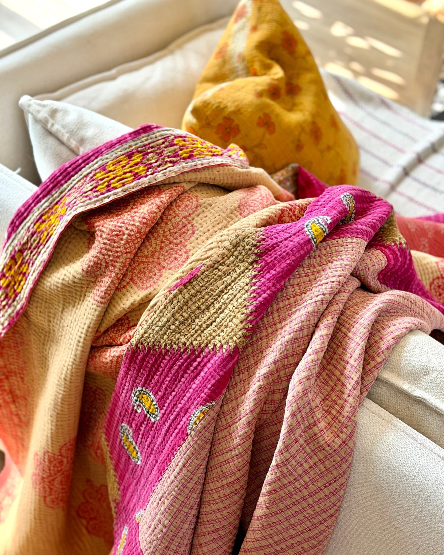 Large Fine Stitched Vintage Kantha Quilt in Pink and Peachy Orange - Biggs & Hill