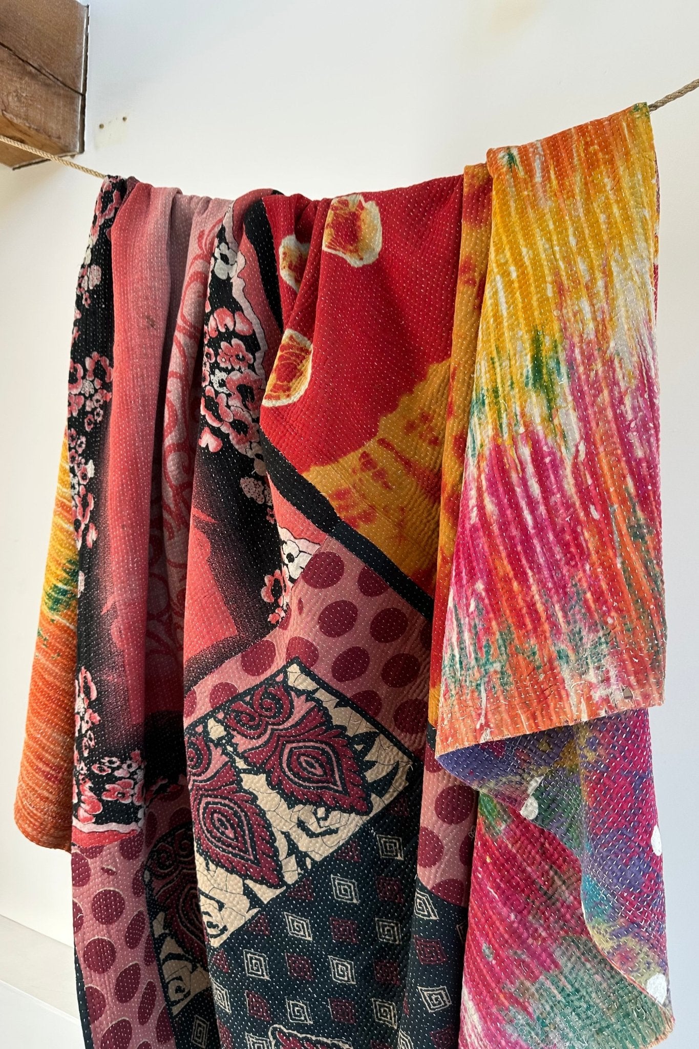 Fine Stitched Embroidered Vintage Kantha Quilt in Multicolour Print - Biggs & Hill