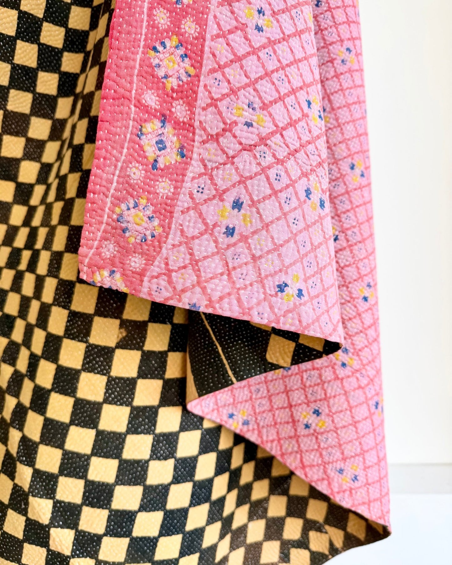 Large Fine Stitched Vintage Kantha Quilt in Chequered Yellow and Black and Pink - Biggs & Hill