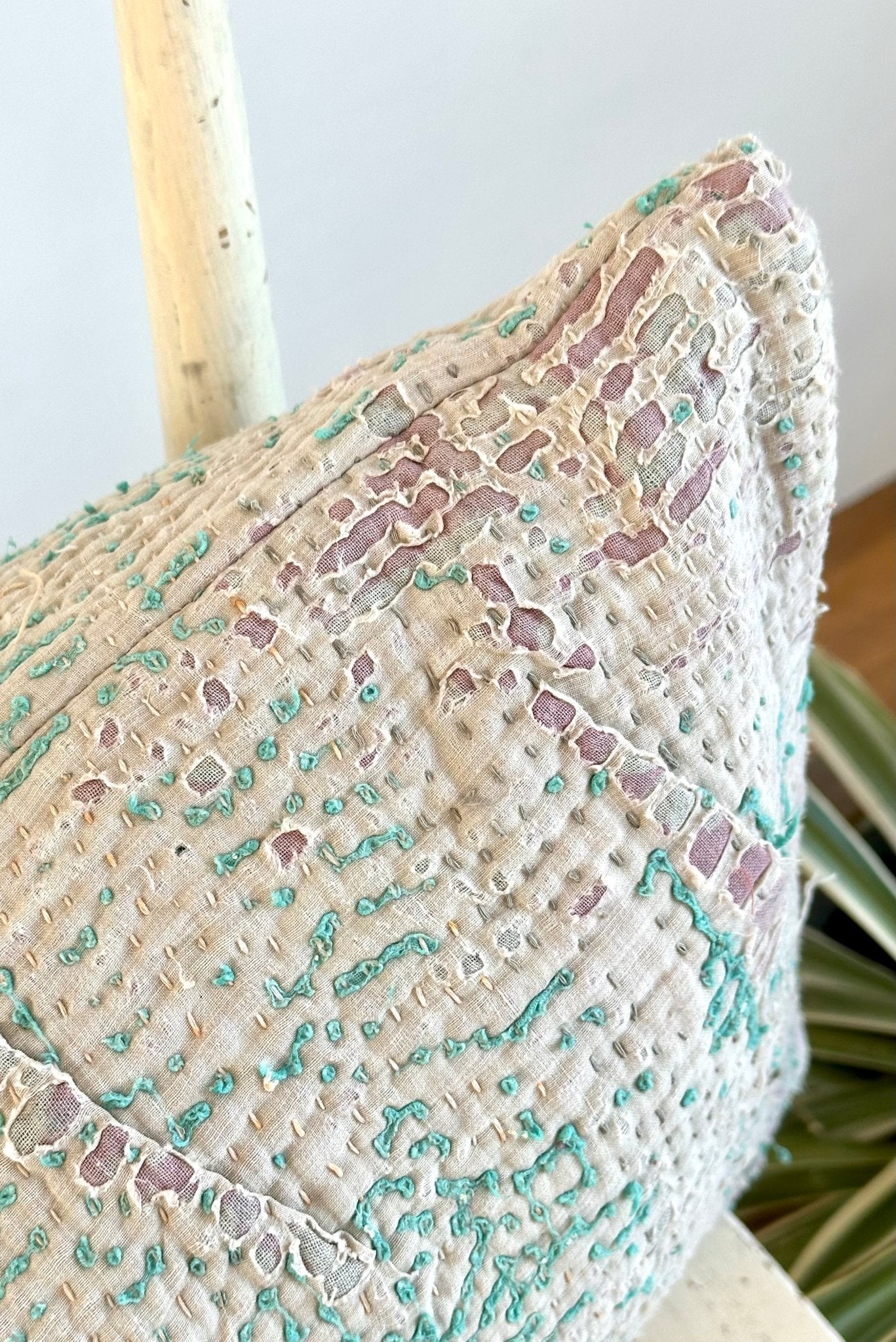 Vintage Kantha Cushion In Light Blue - Small Rectangular - Biggs & Hill
