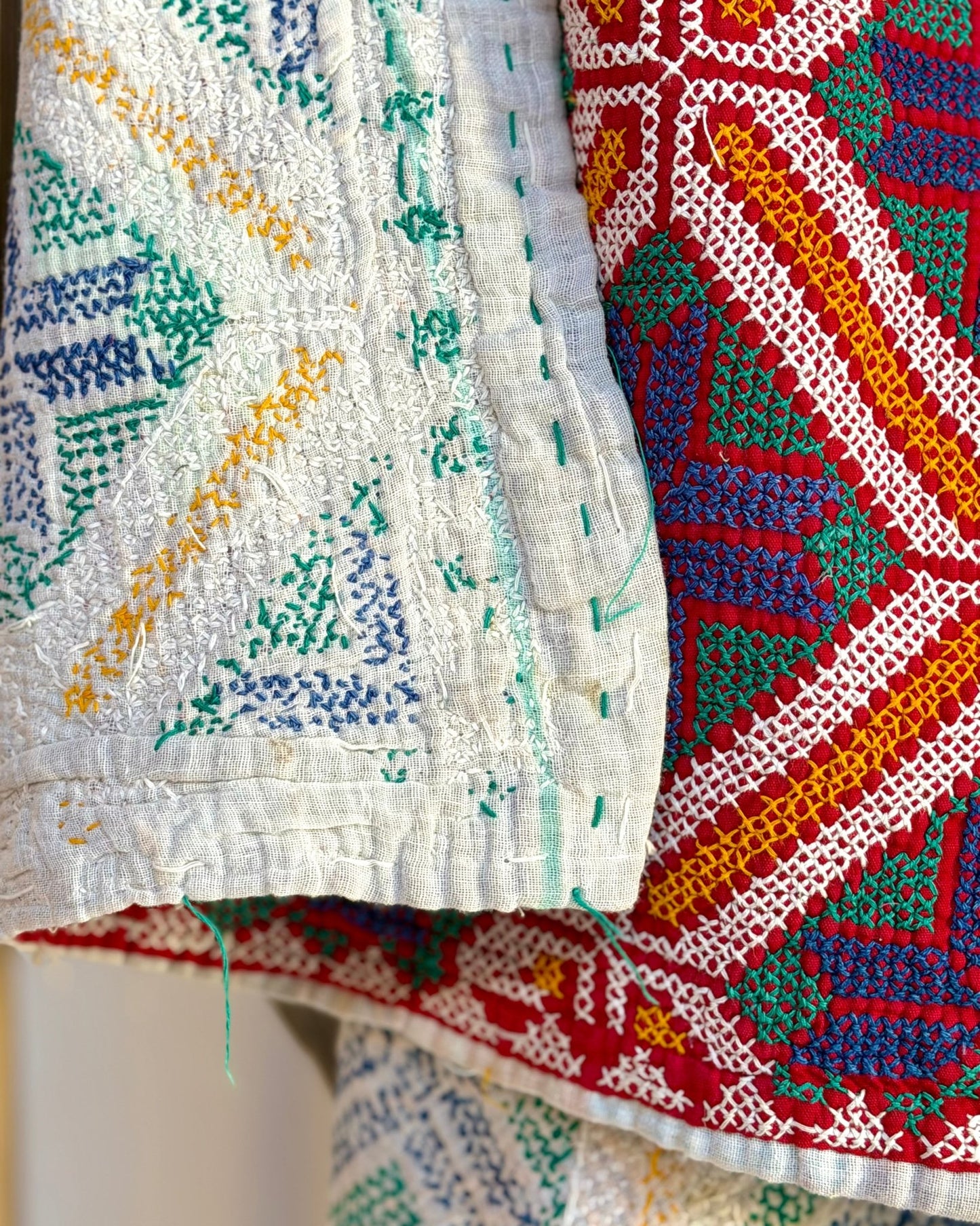 Heavy Vintage Galicha Kantha Quilt In Blue and Red - Biggs & Hill