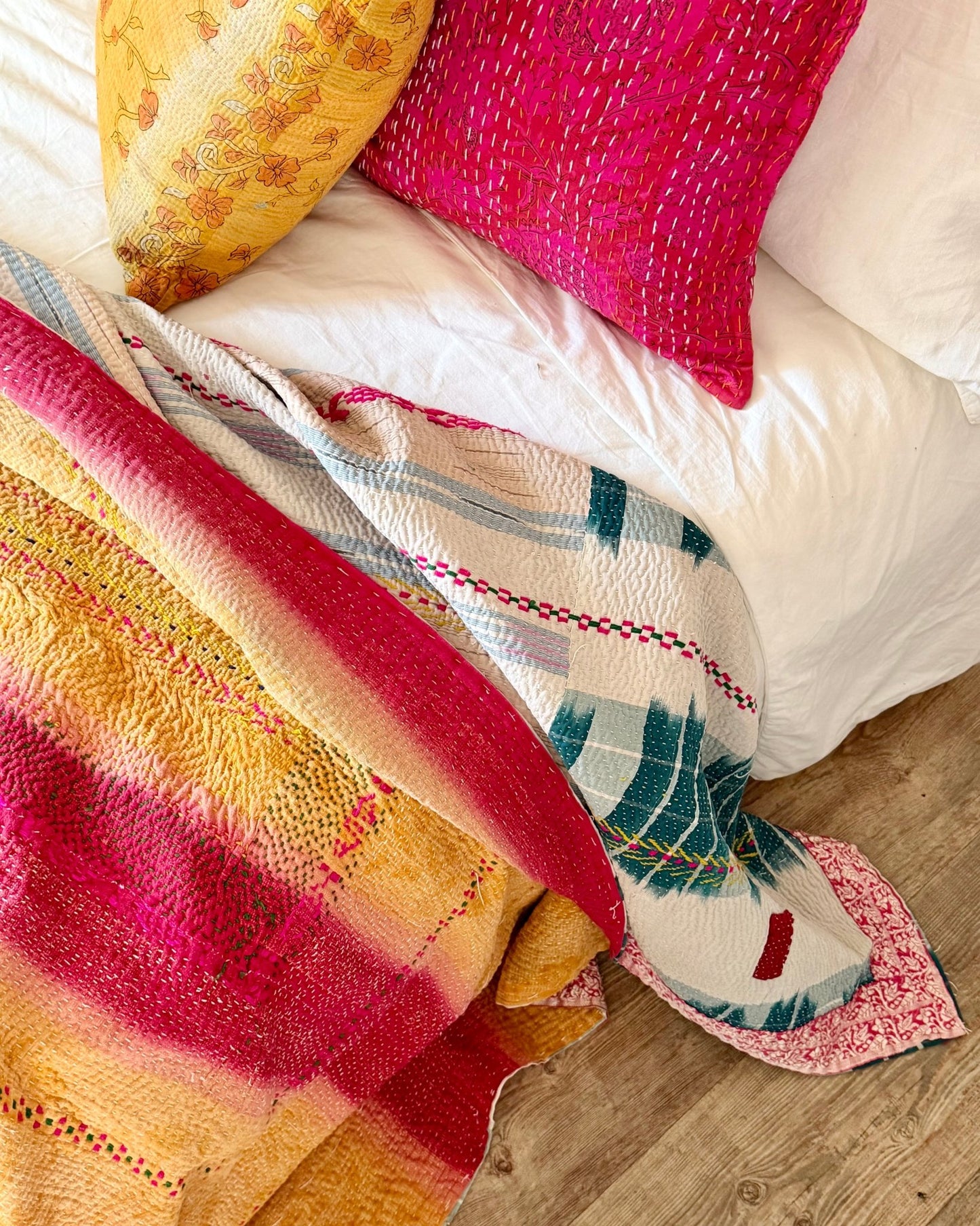 Heavy Fine Stitched Embroidered Vintage Kantha Quilt in Yellow, Pink and Blue - Biggs & Hill