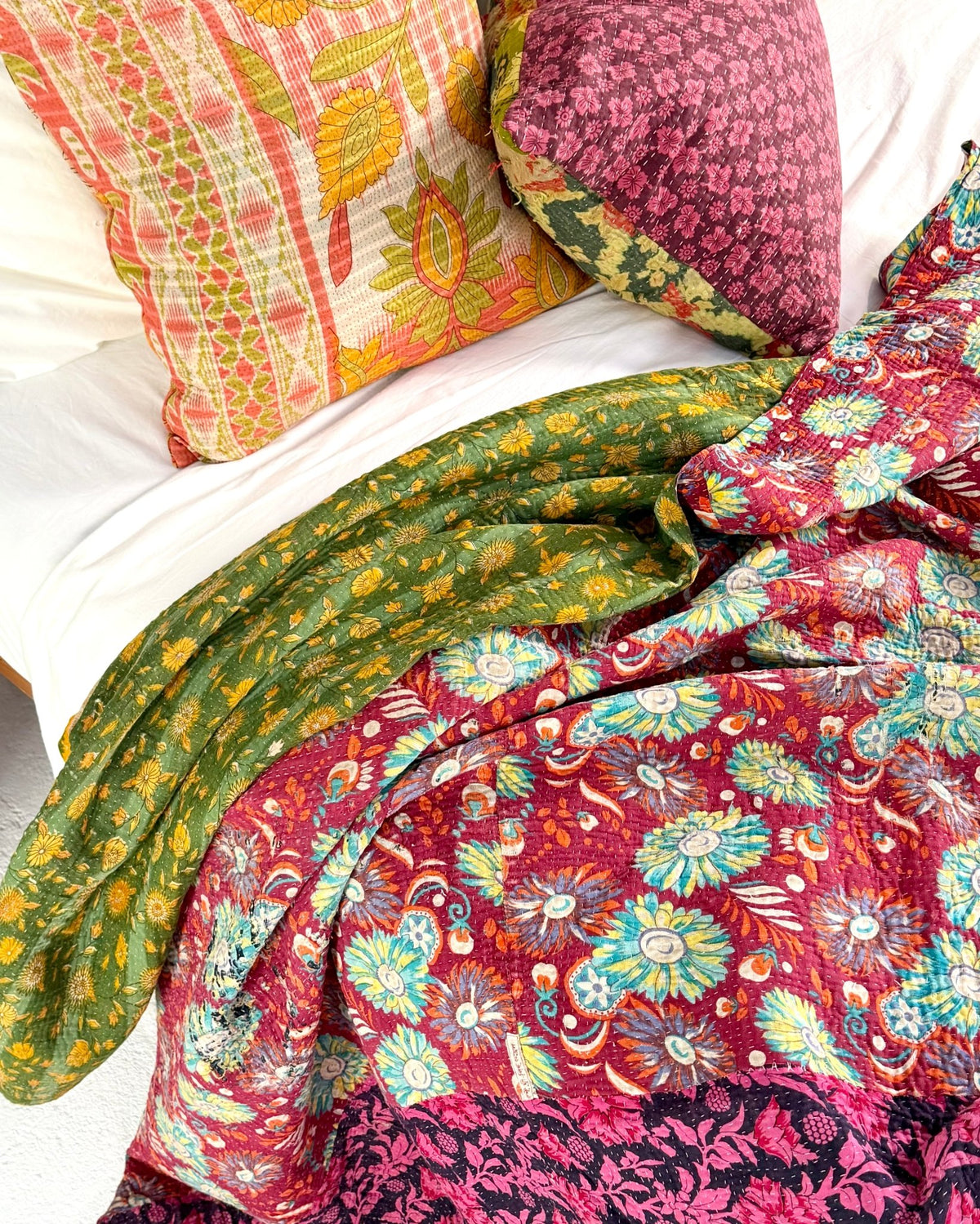 Large Fine Stitched Vintage Kantha Quilt in Bright Pink and Green - Biggs & Hill