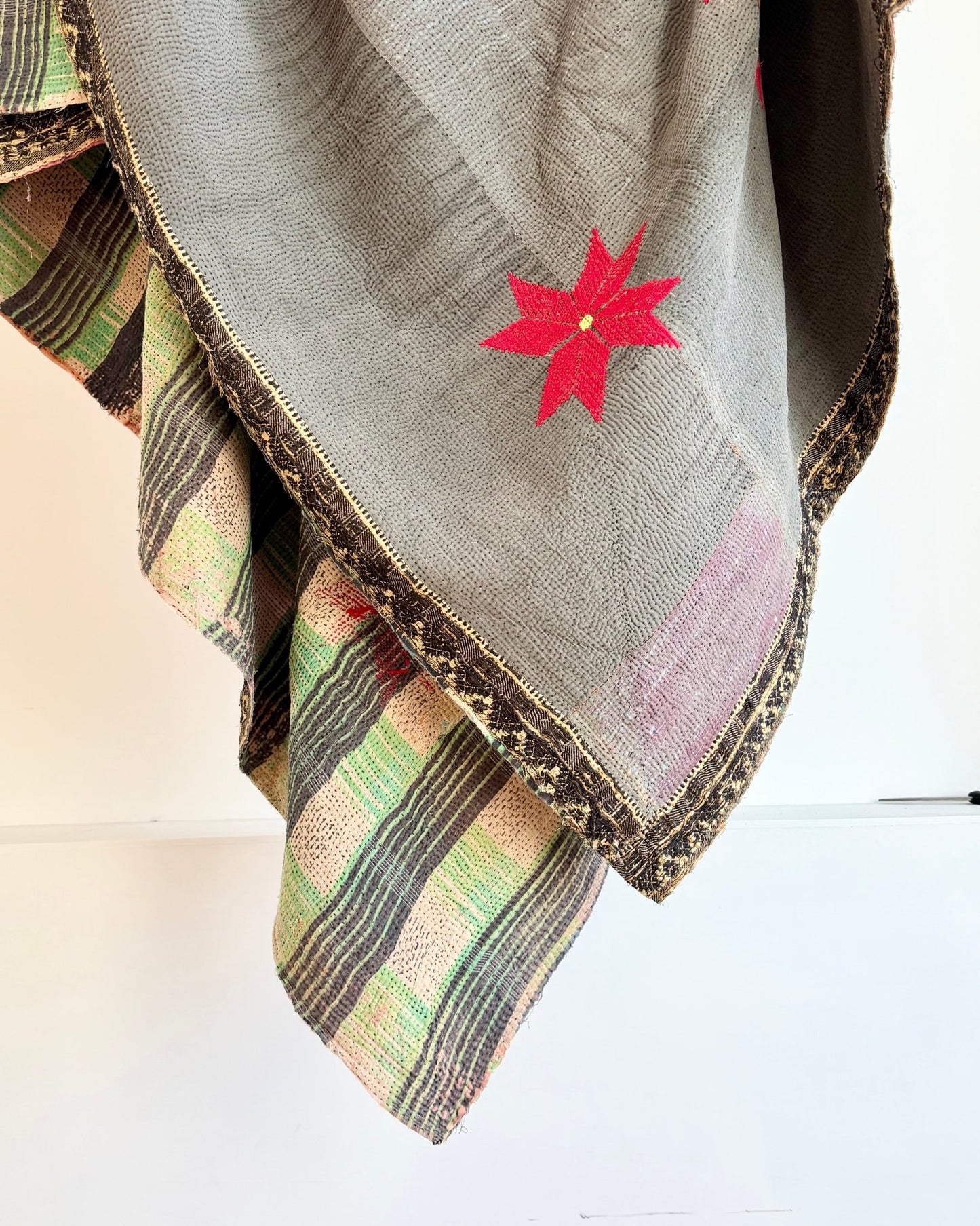 Large Fine Stitched Embroidered Vintage Kantha Quilt With Red Stars on Grey - Biggs & Hill