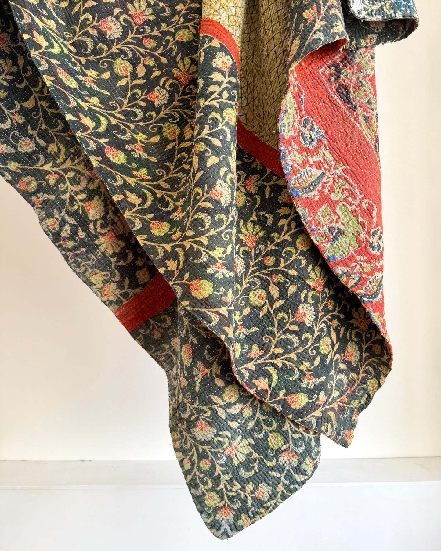 Hand Block Printed Fine Stitched Vintage Kantha Quilt In Muted Blue-Green and Orange