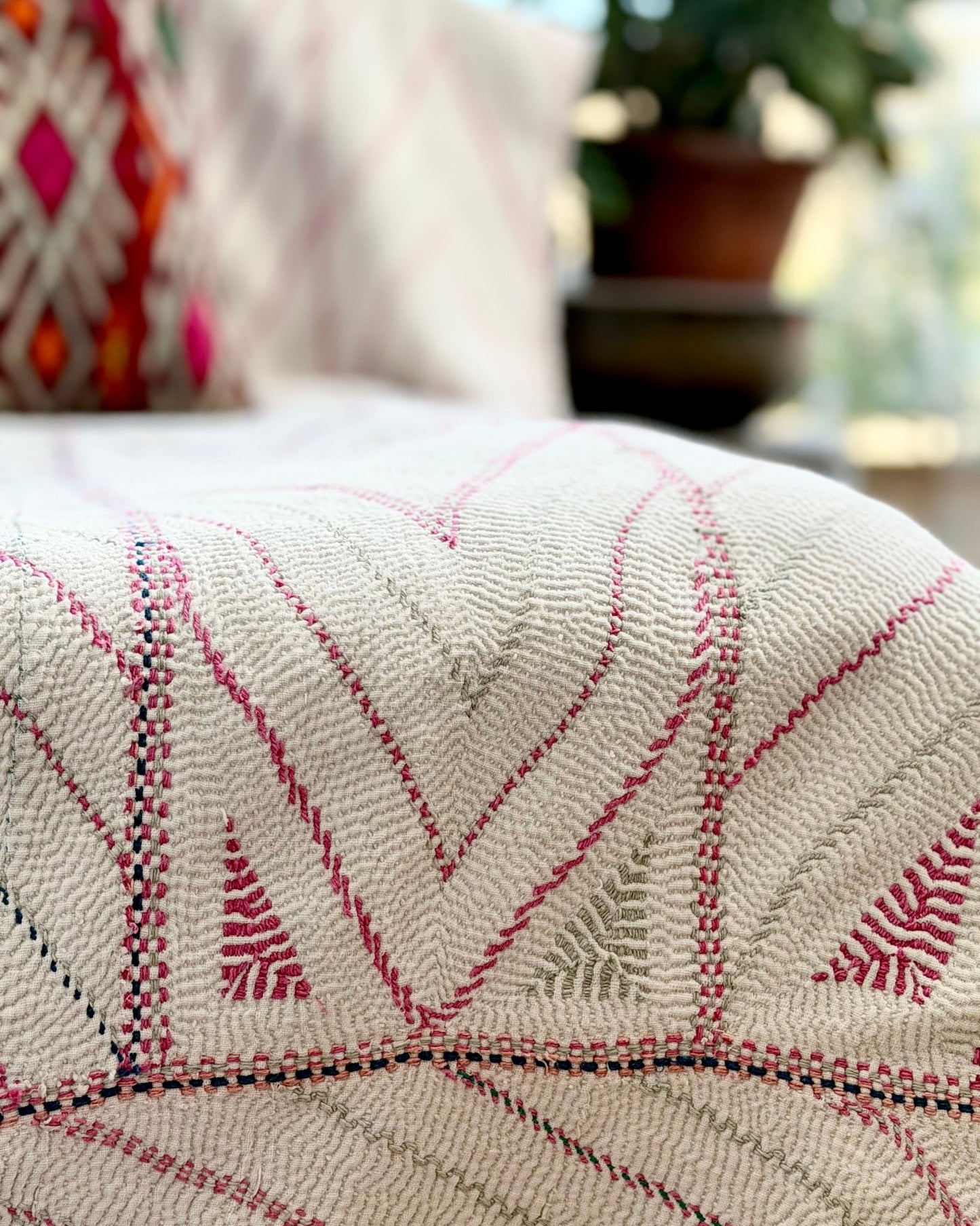 Large Antique Hand Embroidered White Nakshi Kantha From Bengal - Biggs & Hill