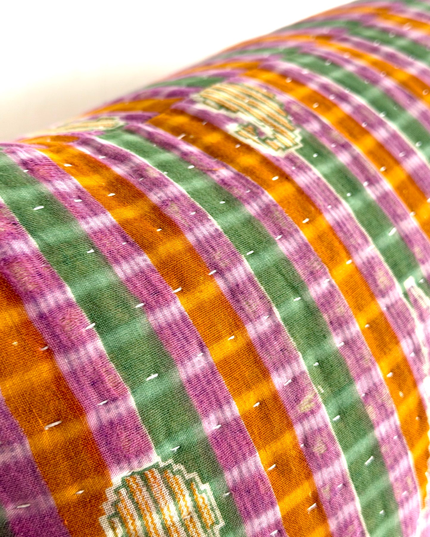 Vintage Kantha Bolster Cushion Cover In Green and Purple 30 x 100cm