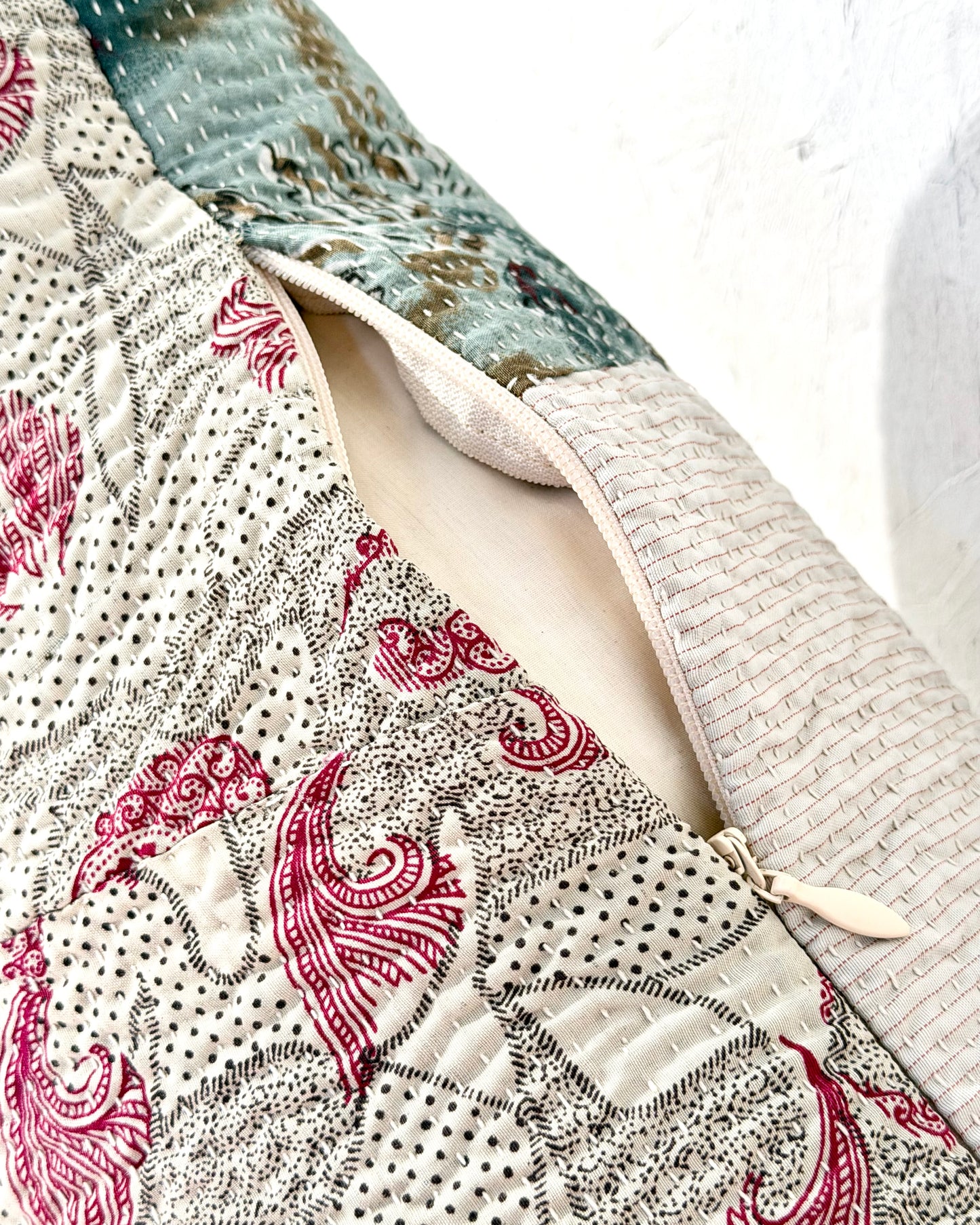 Vintage Kantha Bolster Cushion Cover In Patchwork Orange, Blue and White - 100cm