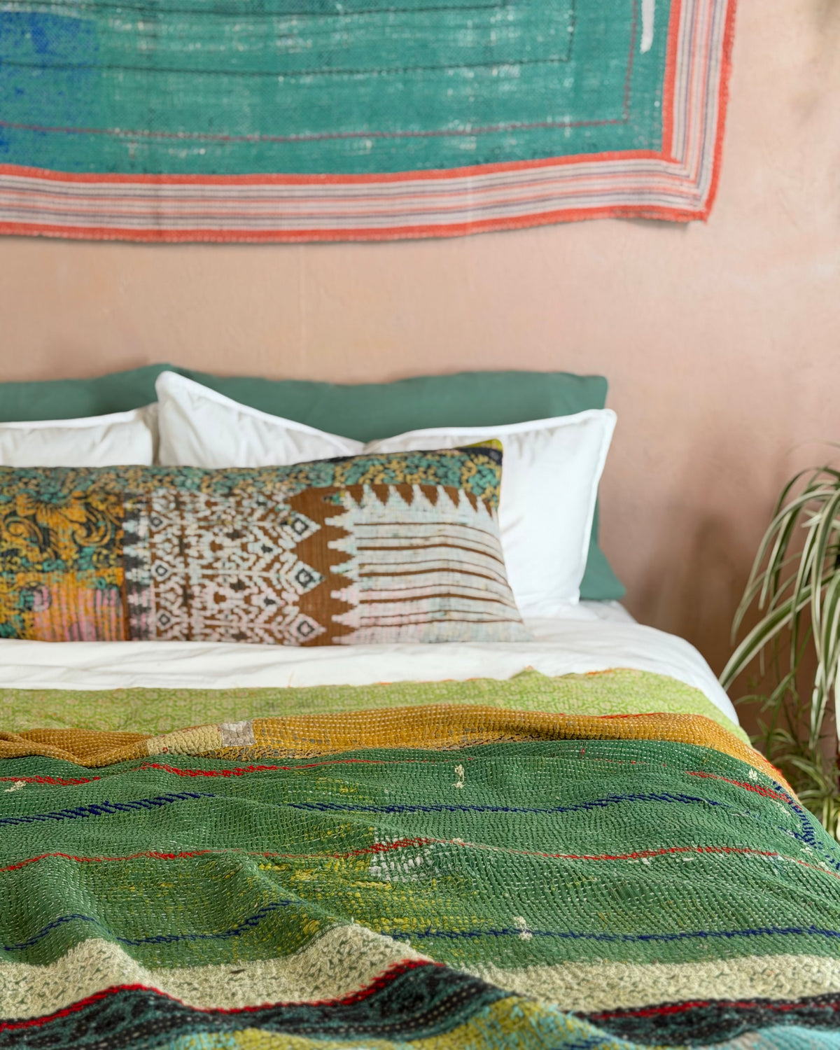Vintage Kantha Bolster Cushion Cover In Textured Greens 35 x 100