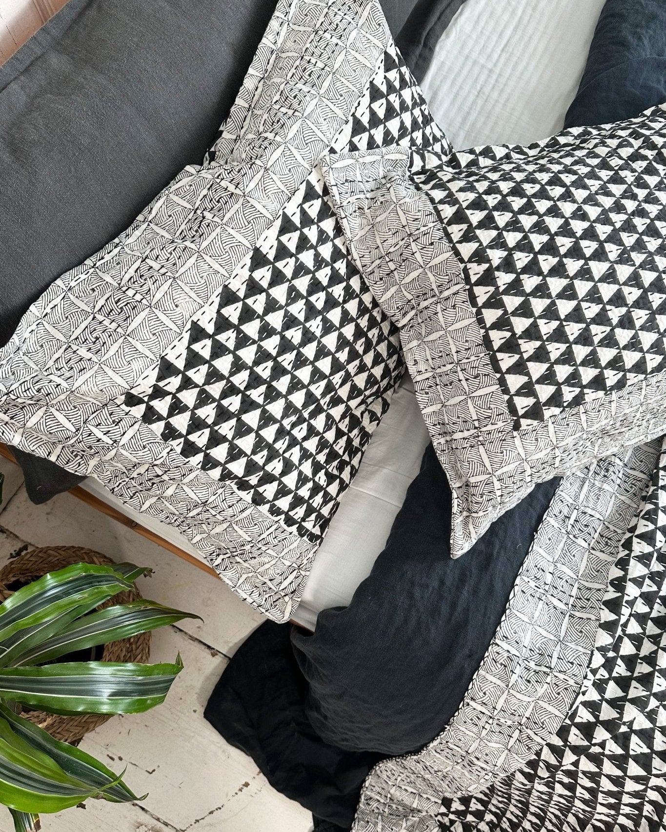 Black and White Triangle Print King Size Kantha Bedspread - Biggs & Hill
