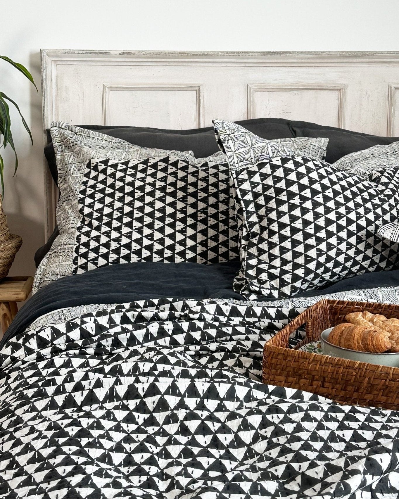 Black and White Triangle Print Hand Stitched Kantha Pillowcase - Biggs & Hill