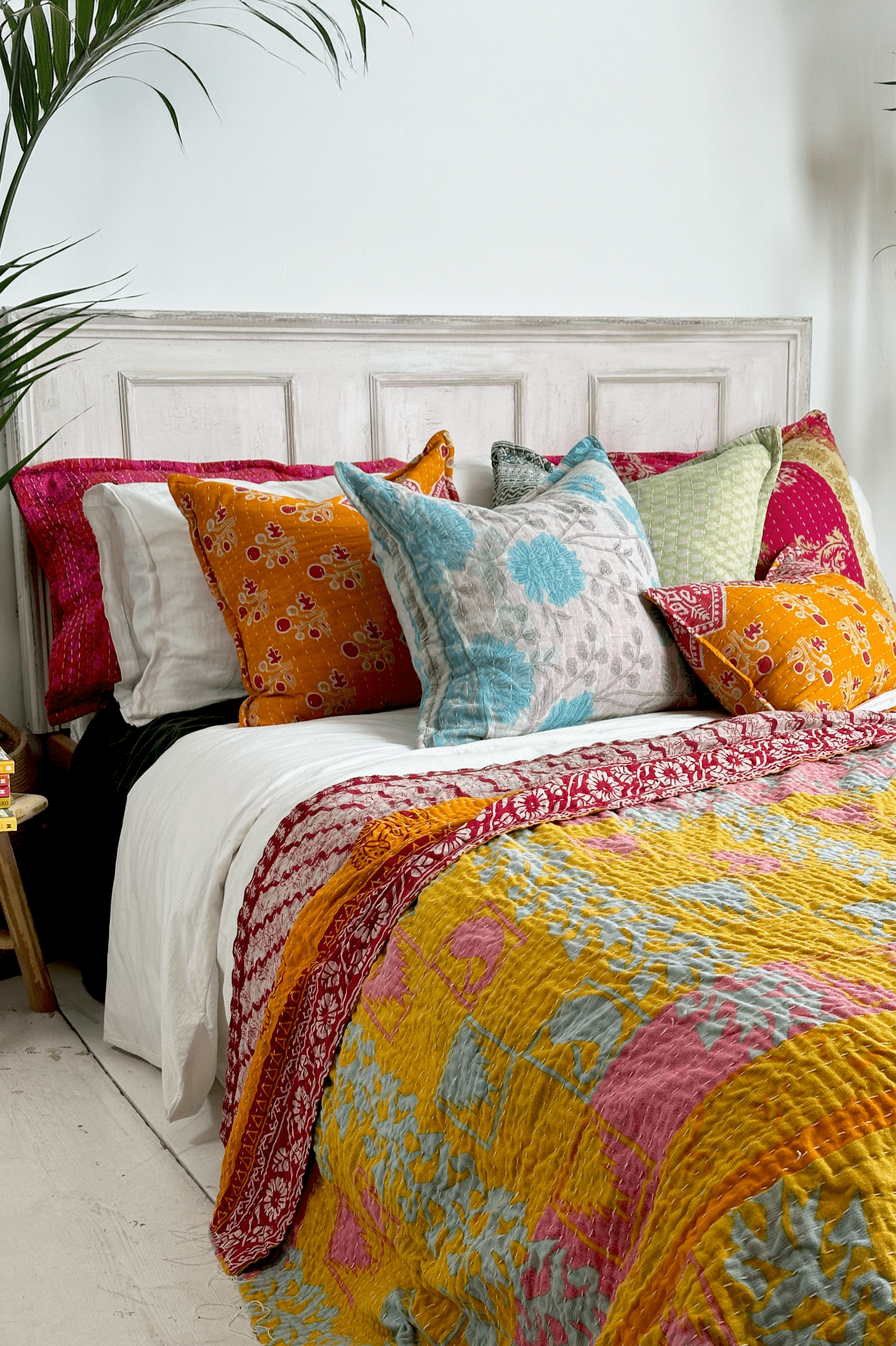 Handmade Reversible Kantha Cushion In Blue and White - One Off - Square 50cm - Biggs & Hill