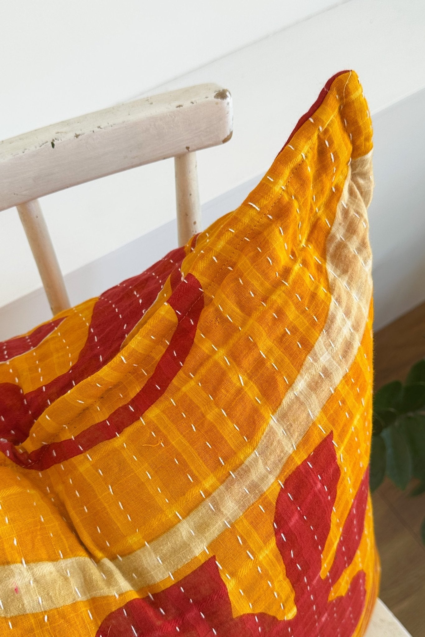 Handmade Reversible Kantha Cushion in Orange and Red - One Off - Square 50cm - Biggs & Hill