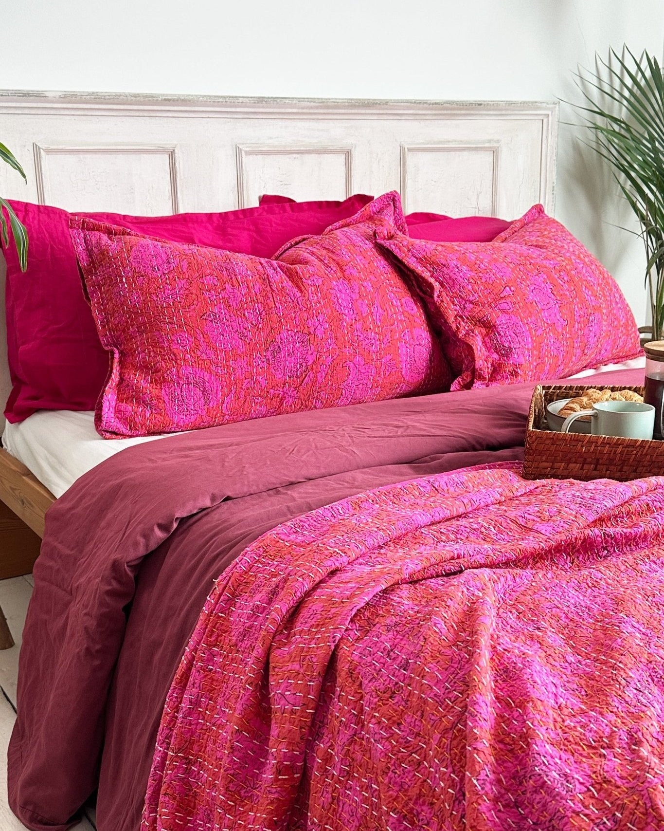 Hot Pink Floral Kantha Hand Stitched Pillowcase - Biggs & Hill