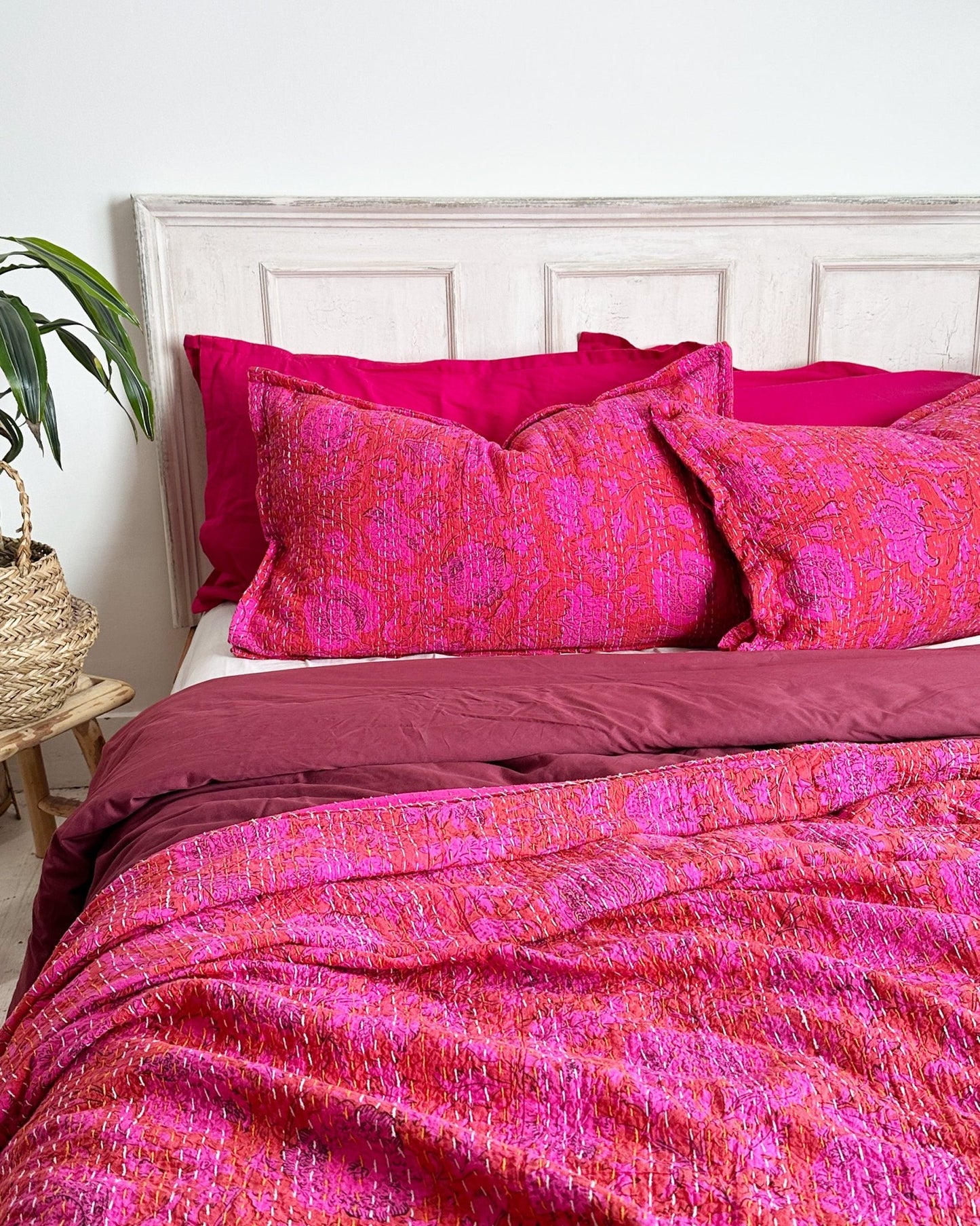 Hot Bright Pink Floral Kantha Quilt Bedspread - Biggs & Hill
