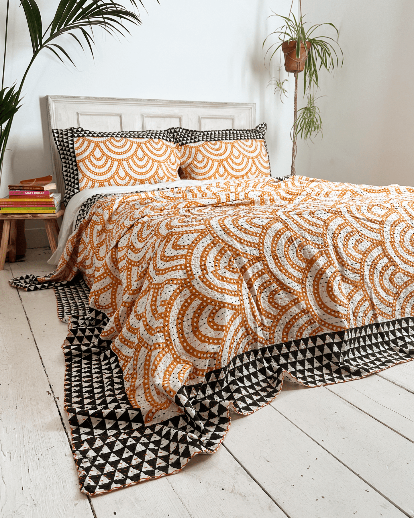 Black and Yellow Rainbow Print Cotton Kantha Bedspread - Biggs & Hill