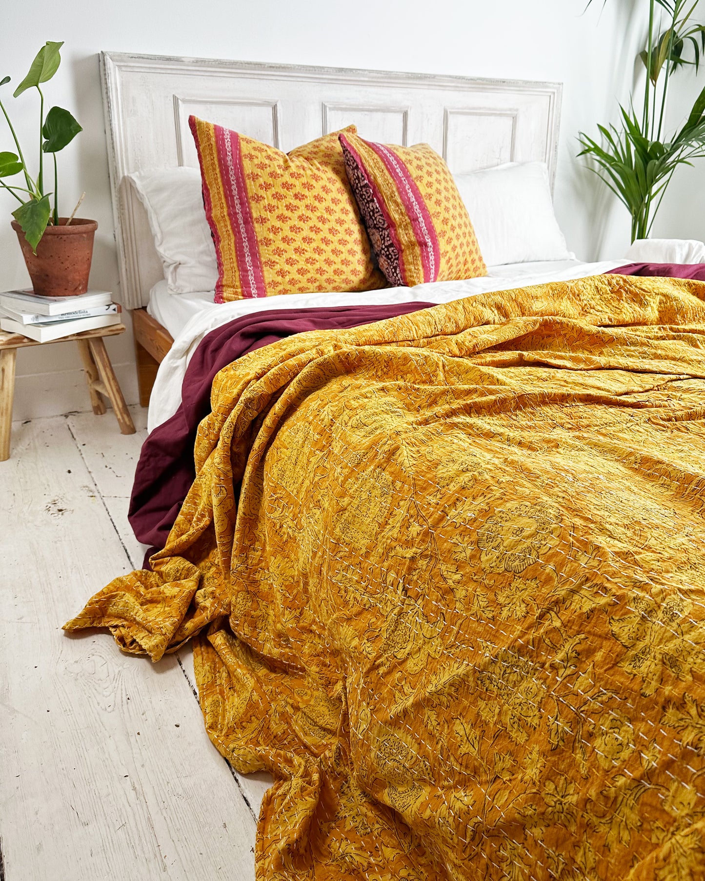 Sunshine Yellow Gold Floral Kantha Quilt Bedspread