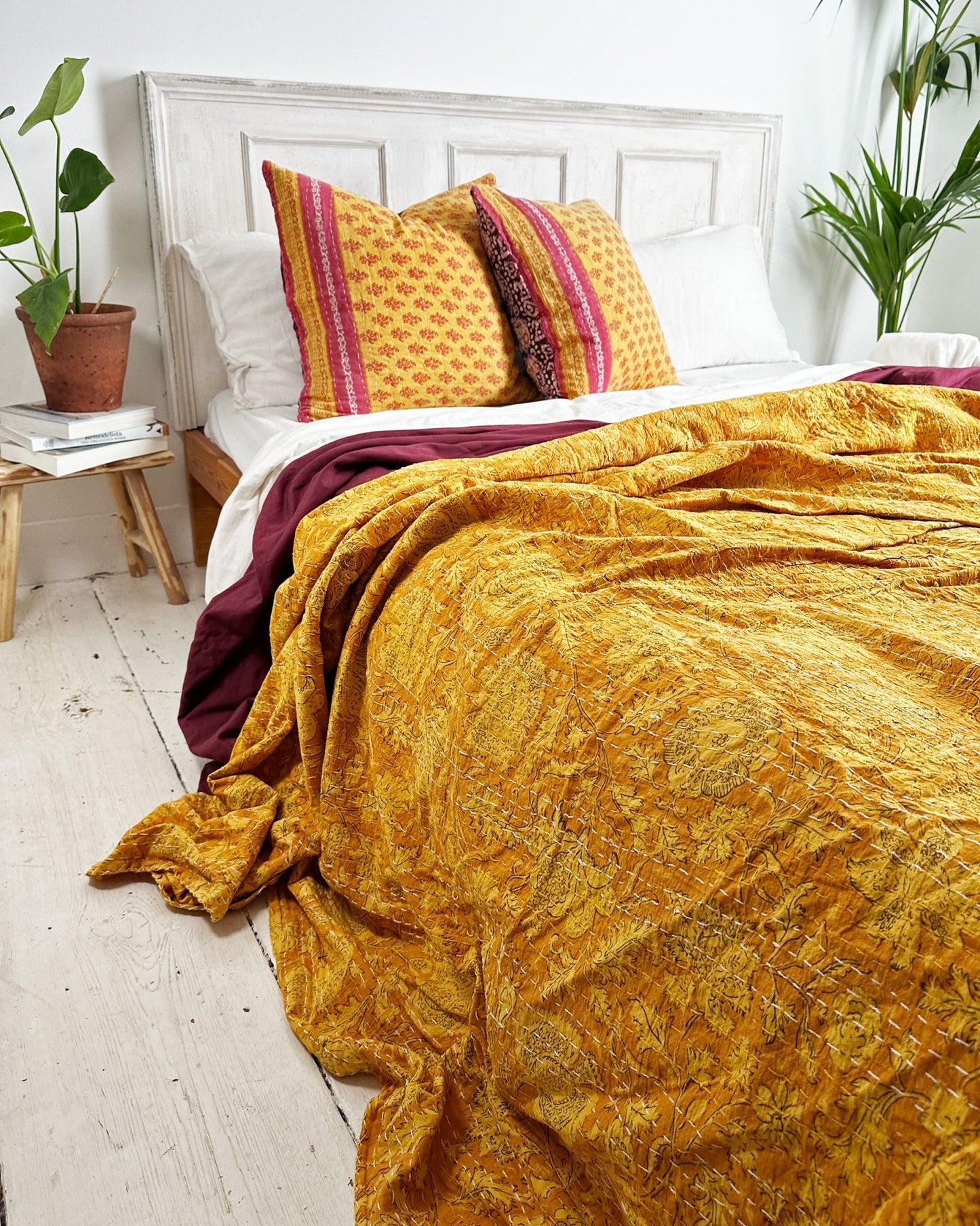 Sunshine Yellow Gold Floral Kantha Quilt Bedspread - Biggs & Hill