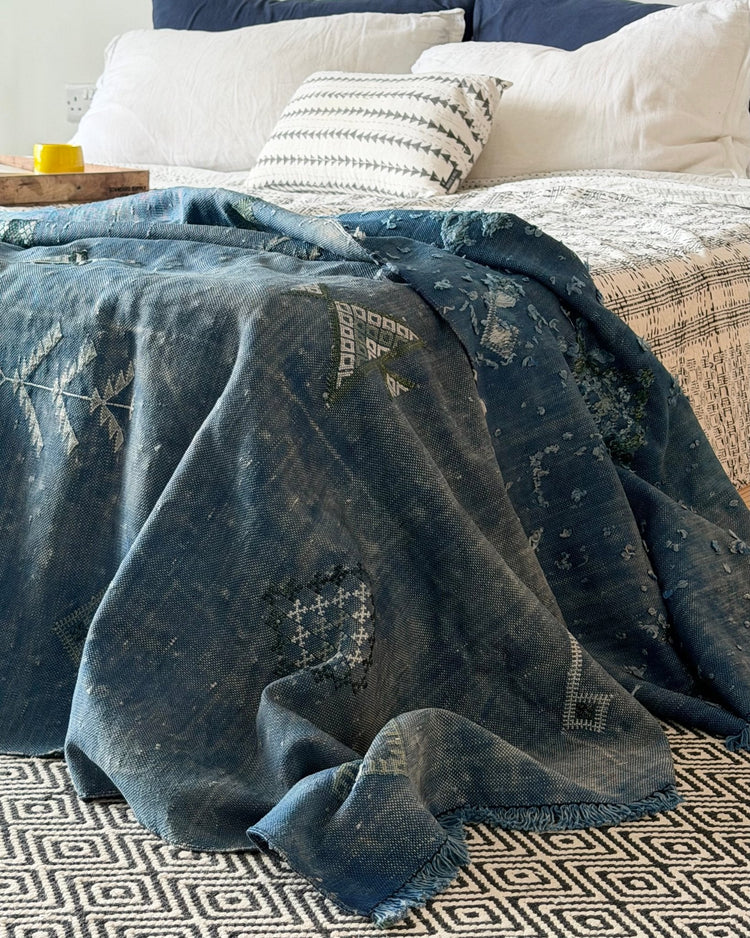 Enormous Hand Woven Moroccan Bedcover Made Indigo “Sabra Silk” - Biggs & Hill