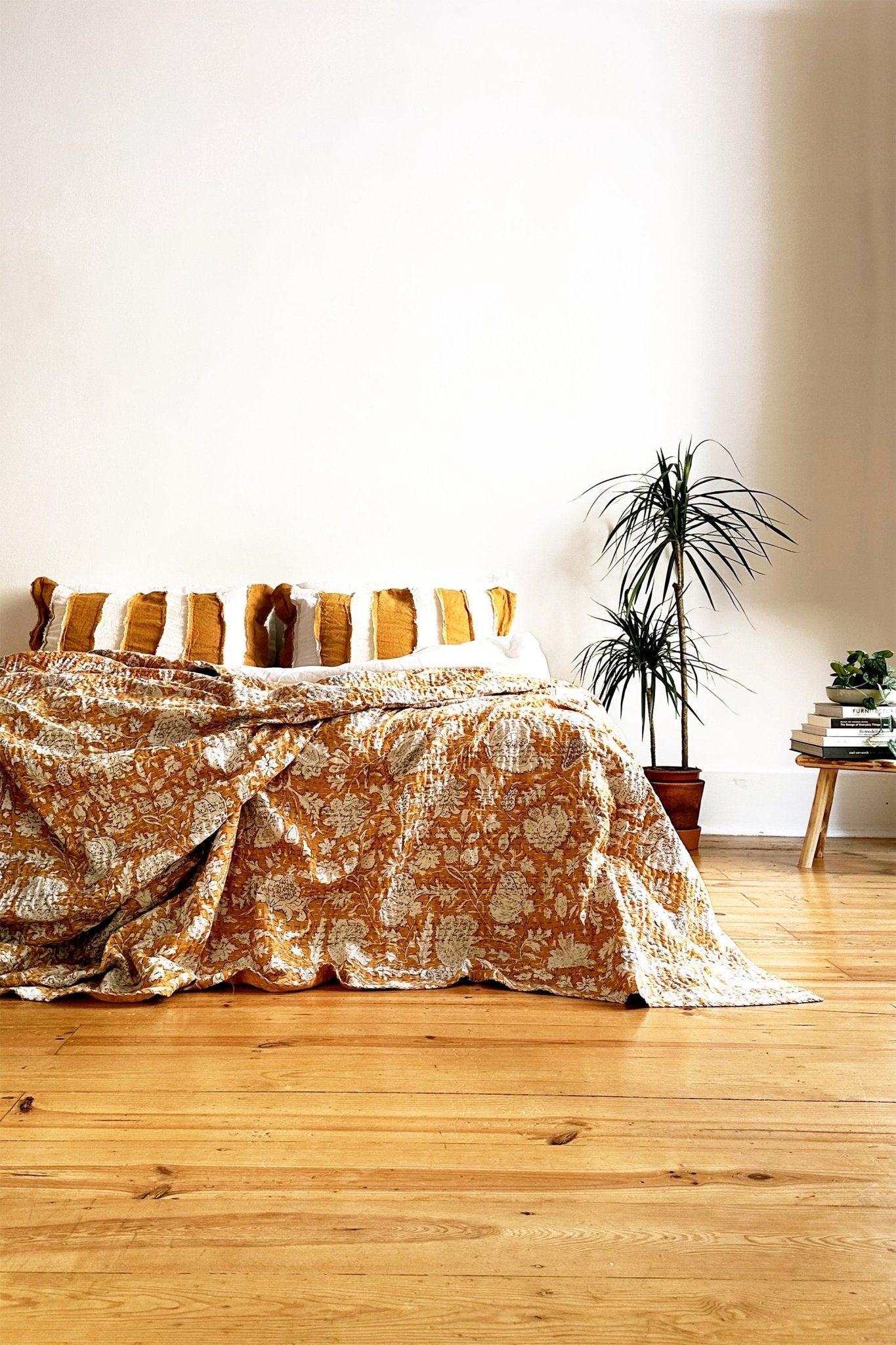 handmade kantha bedspread in mustard yellow - Biggs and Hill