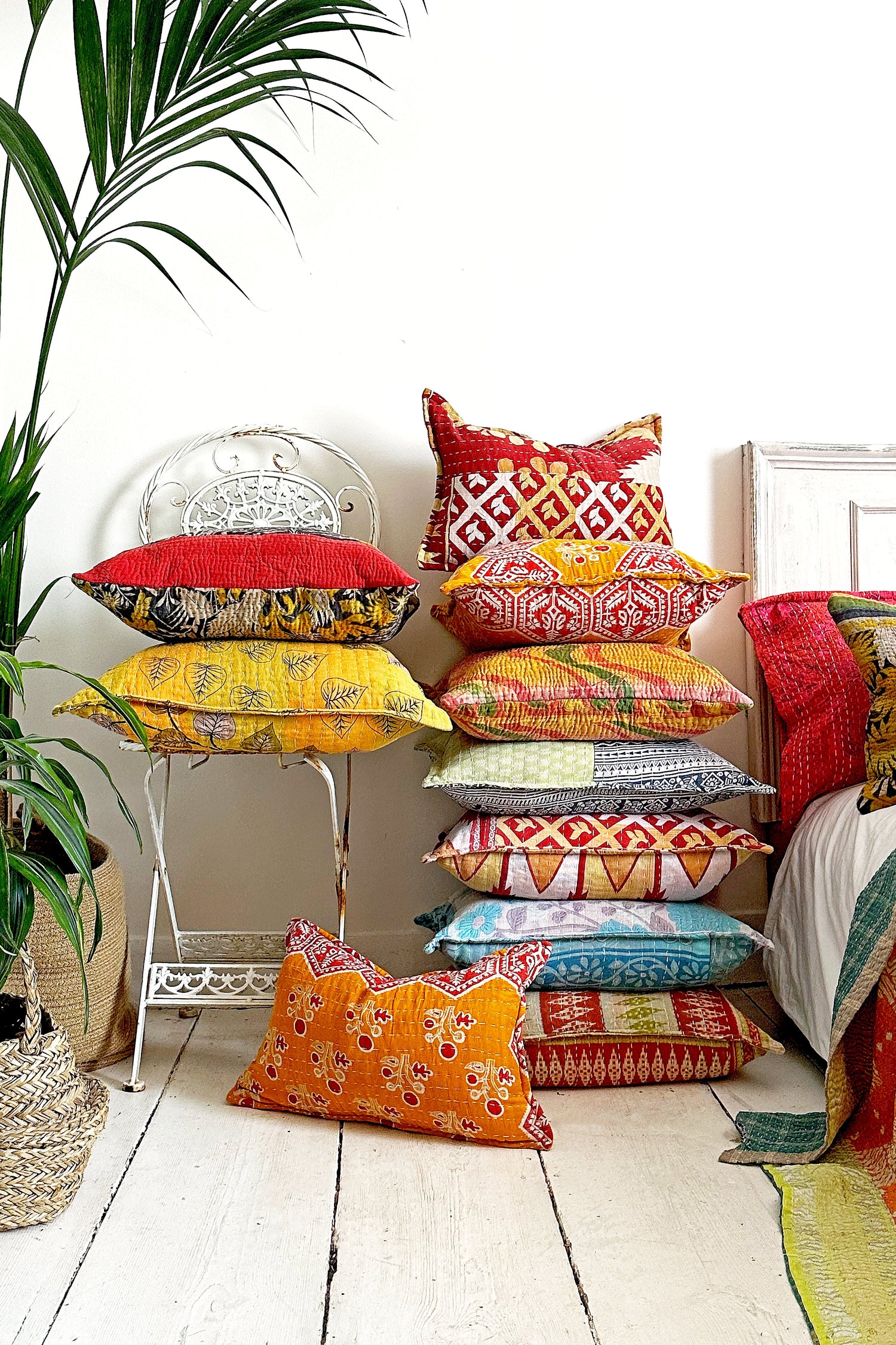 colourful vintage kantha cushions - Biggs-and-Hill