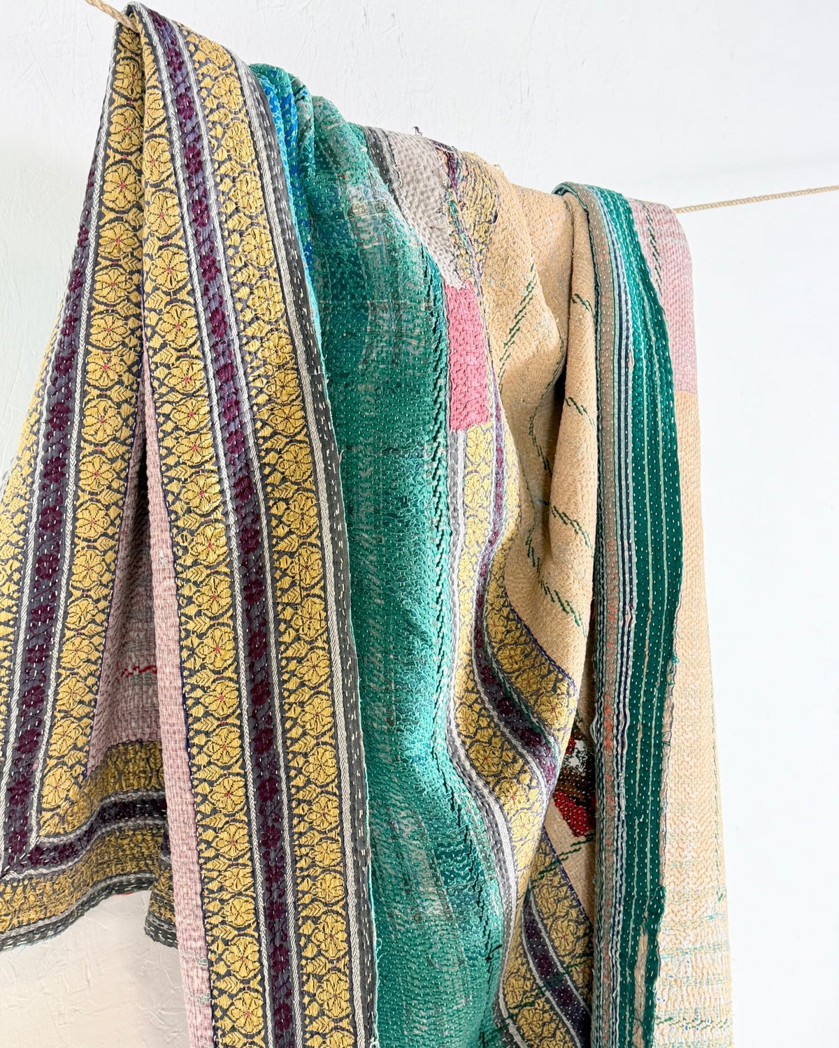 Embroidered Vintage Kantha Quilt in Pink and Turquoise - Biggs & Hill