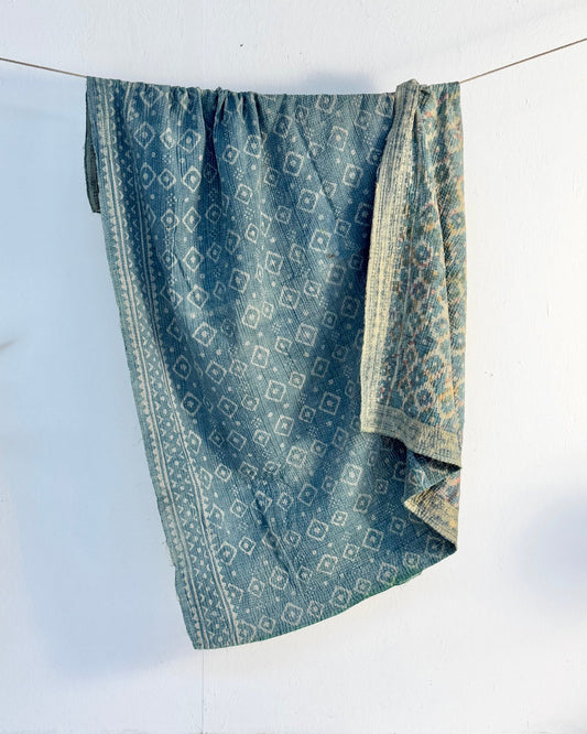 Large Heavy Indigo Print Kantha Quilt - Biggs & Hill