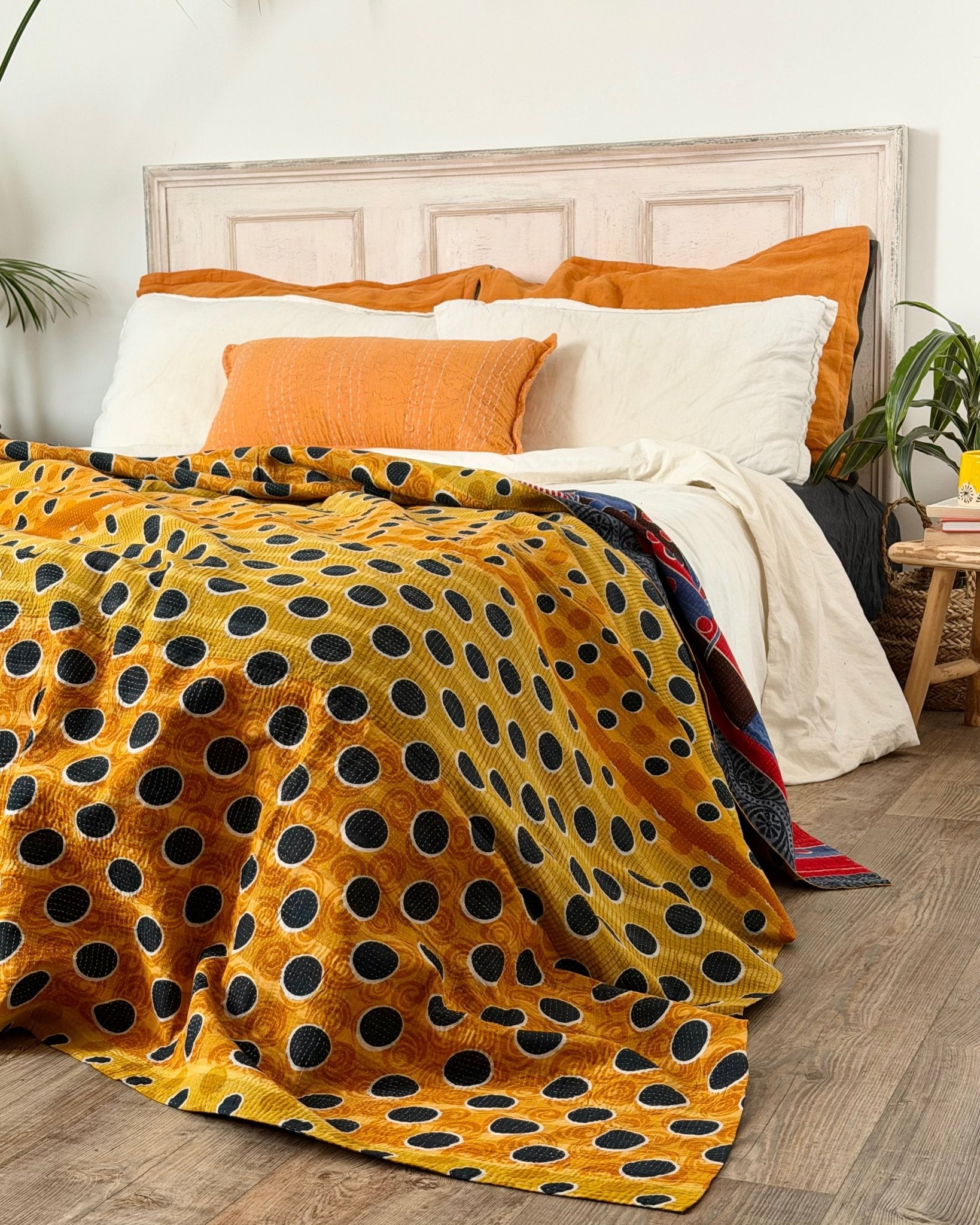 Fine Stitched Vintage Kantha Quilt With Yellow Dots and Blue Floral - Biggs & Hill