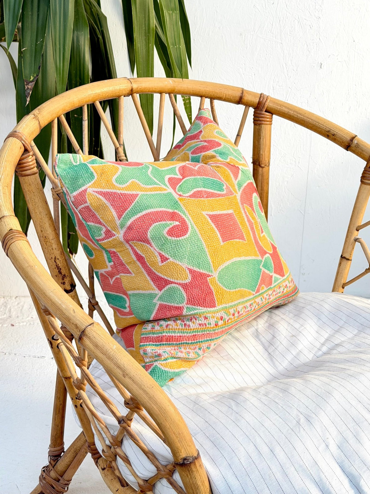 Handmade Vintage Kantha Cushion Cover In Green and Yellow - 45cm (18") Square - Biggs & Hill