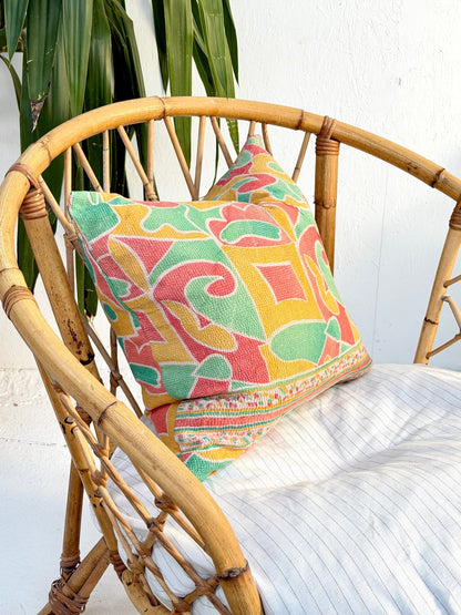 Handmade Vintage Kantha Cushion Cover In Green and Yellow - 45cm (18") Square - Biggs & Hill