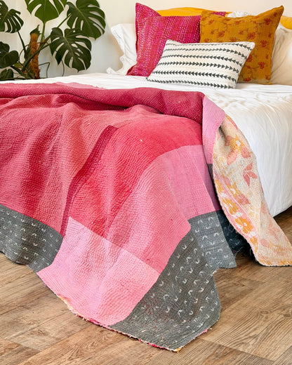 Fine Stitched Vintage Kantha Quilt in Vibrant Pink and Grey Patchwork - Biggs & Hill