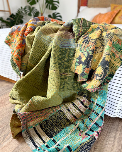Large Textured Vintage Kantha Quilt In Green and Orange