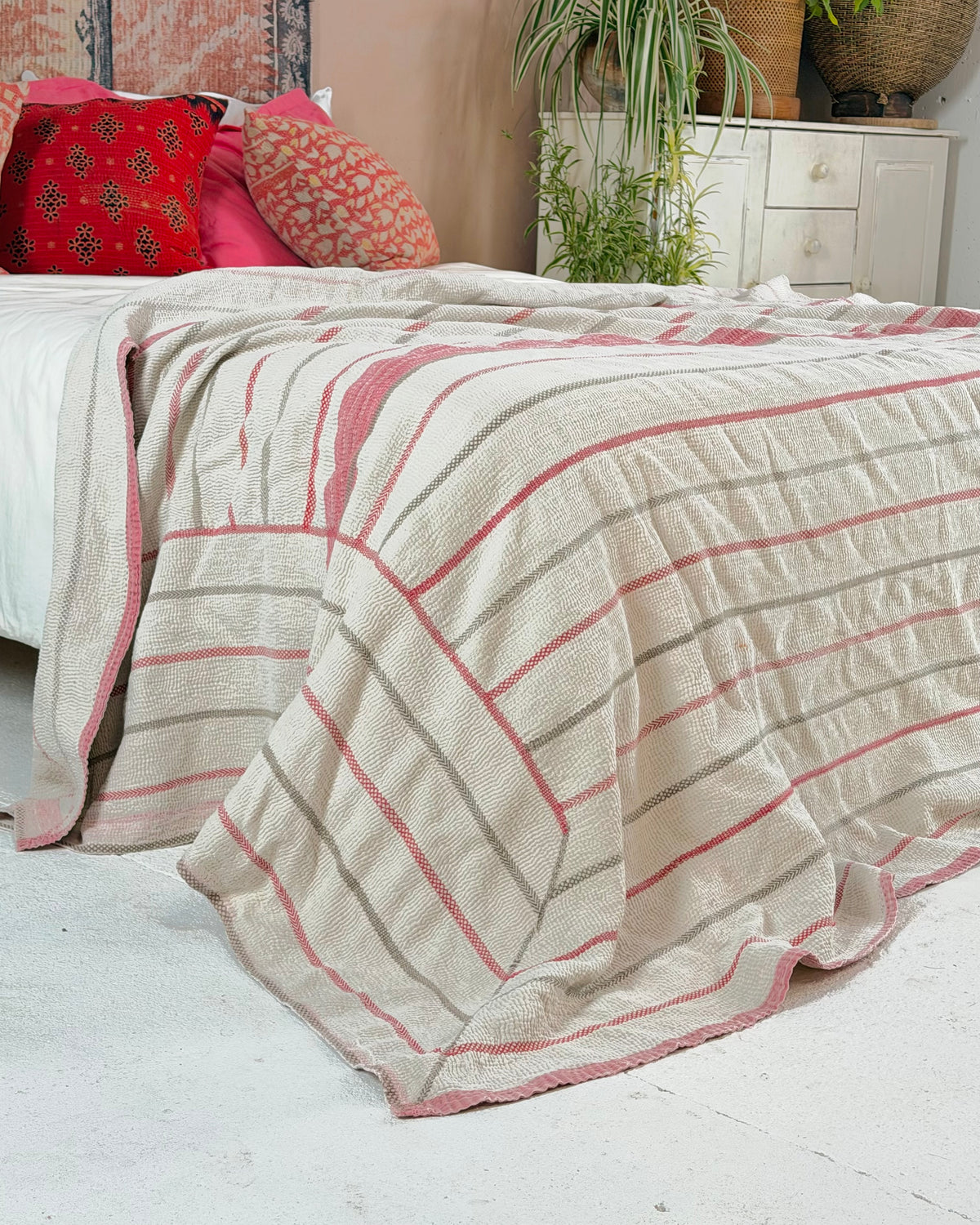 Embroidered Antique Vintage Kantha Quilt in White and Pink