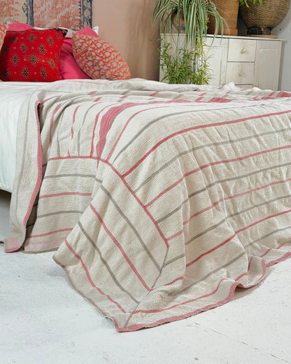 Embroidered Antique Vintage Kantha Quilt in White and Pink
