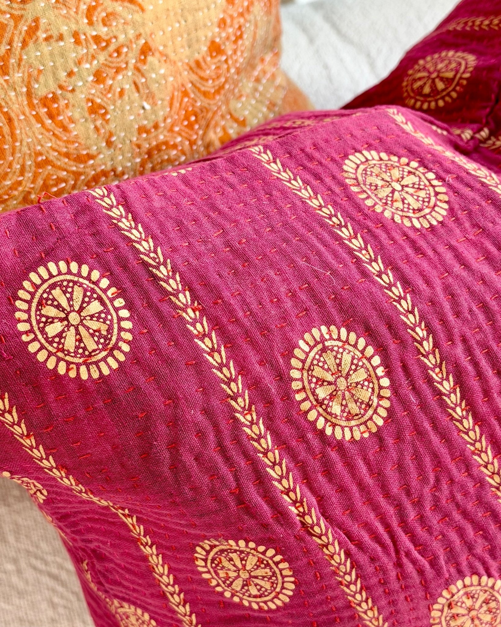 Vintage Kantha Cushion In Burgundy and Gold Dots - Small Rectangular - Biggs & Hill
