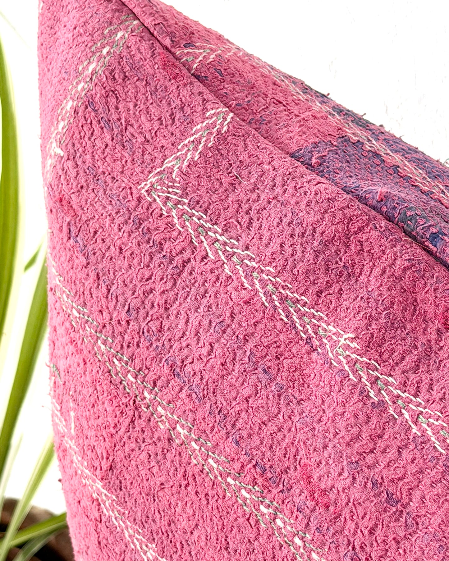 Handmade Vintage Kantha Cushion Cover In Pink With Embroidered Stripes - Large Rectangular